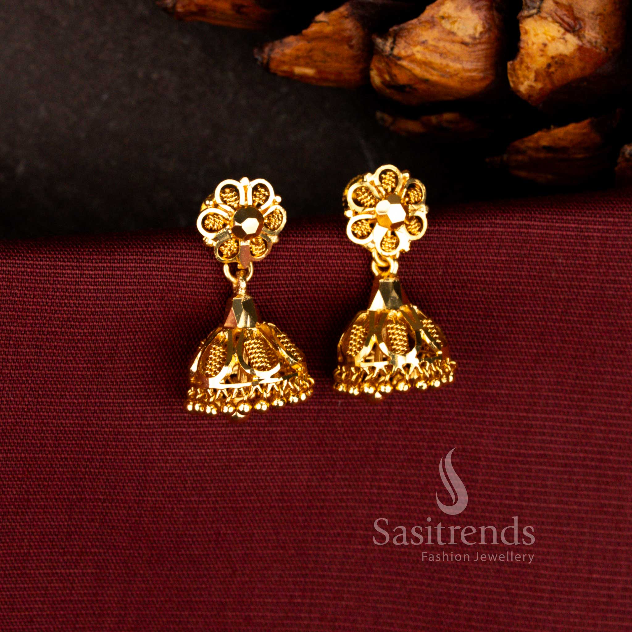 24K Micro Gold Plated Temple Bloom Jhumka Earrings with Floral Stud Top and Intricate Bell Drop | Traditional Festive & Wedding Wear