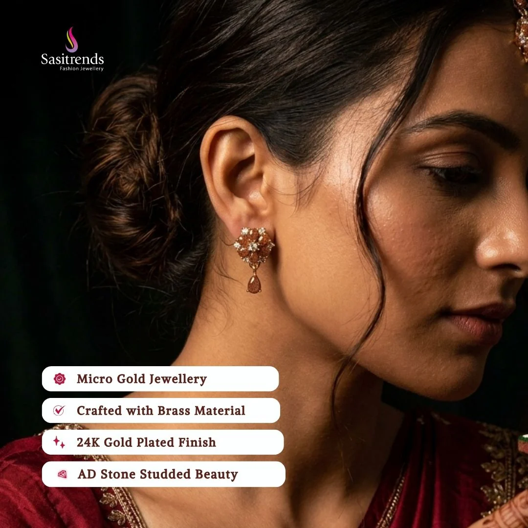 Regal Micro Gold Plated AD Stone Textured Floral Cluster Drop Earrings with Elegant Pear Dangler | Ideal for Festive Wear, Family Functions & Traditional Styling - Image 2