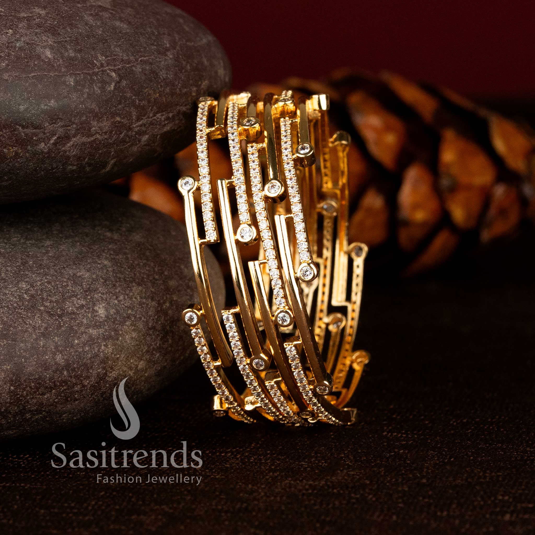 Sasitrends 24K One Gram Micro Gold Plated Parallel Bar Design AD Stone Set of four Bangle– Layered Geometric Pattern Designer Bangles for Women