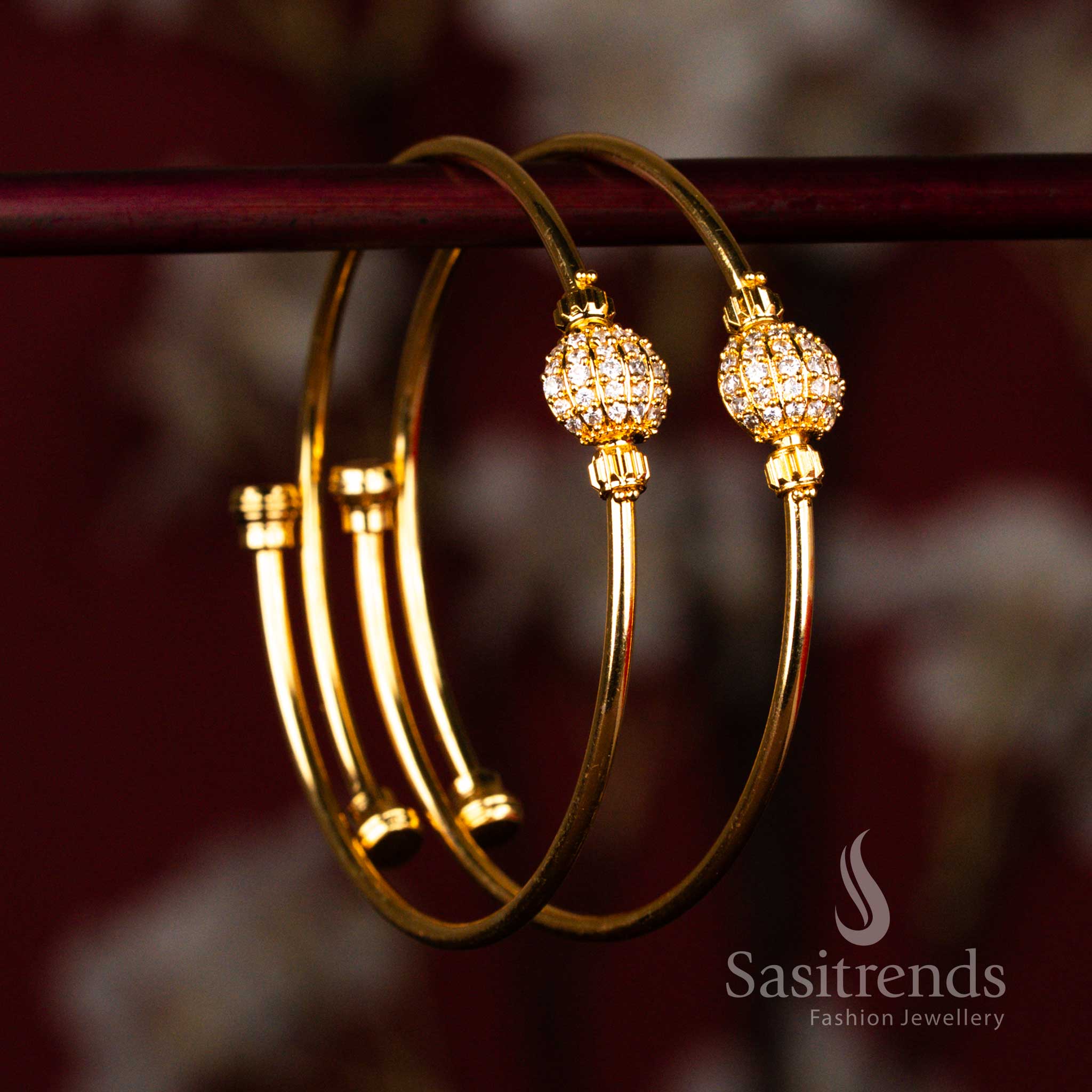 Guaranteed 24K Micro Gold Plated Bangles with Sparkling American Diamond Stone Ball Centre | Real Gold Look 1 Gram Jewellery for Bridal and Festive Wear