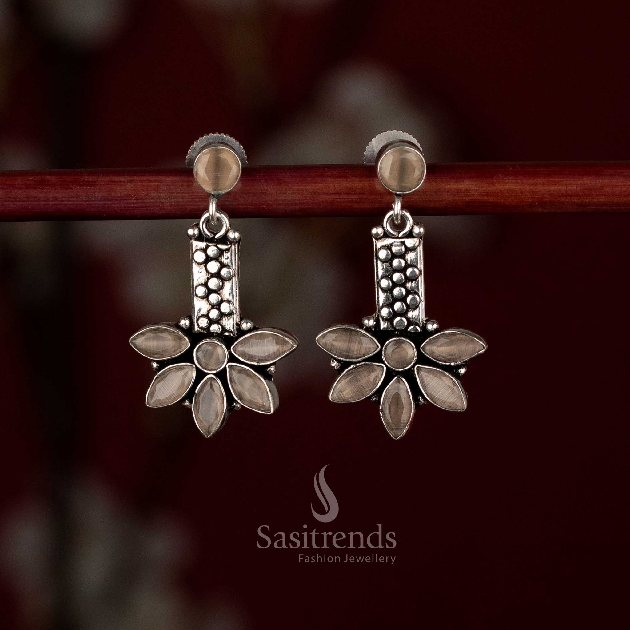 Elegant Oxidised Silver Plated Round Top Leaf  Motif Drop Earrings with Sculpted Vertical Form | A Thoughtful Statement Piece for Expressive Styling - Image 11