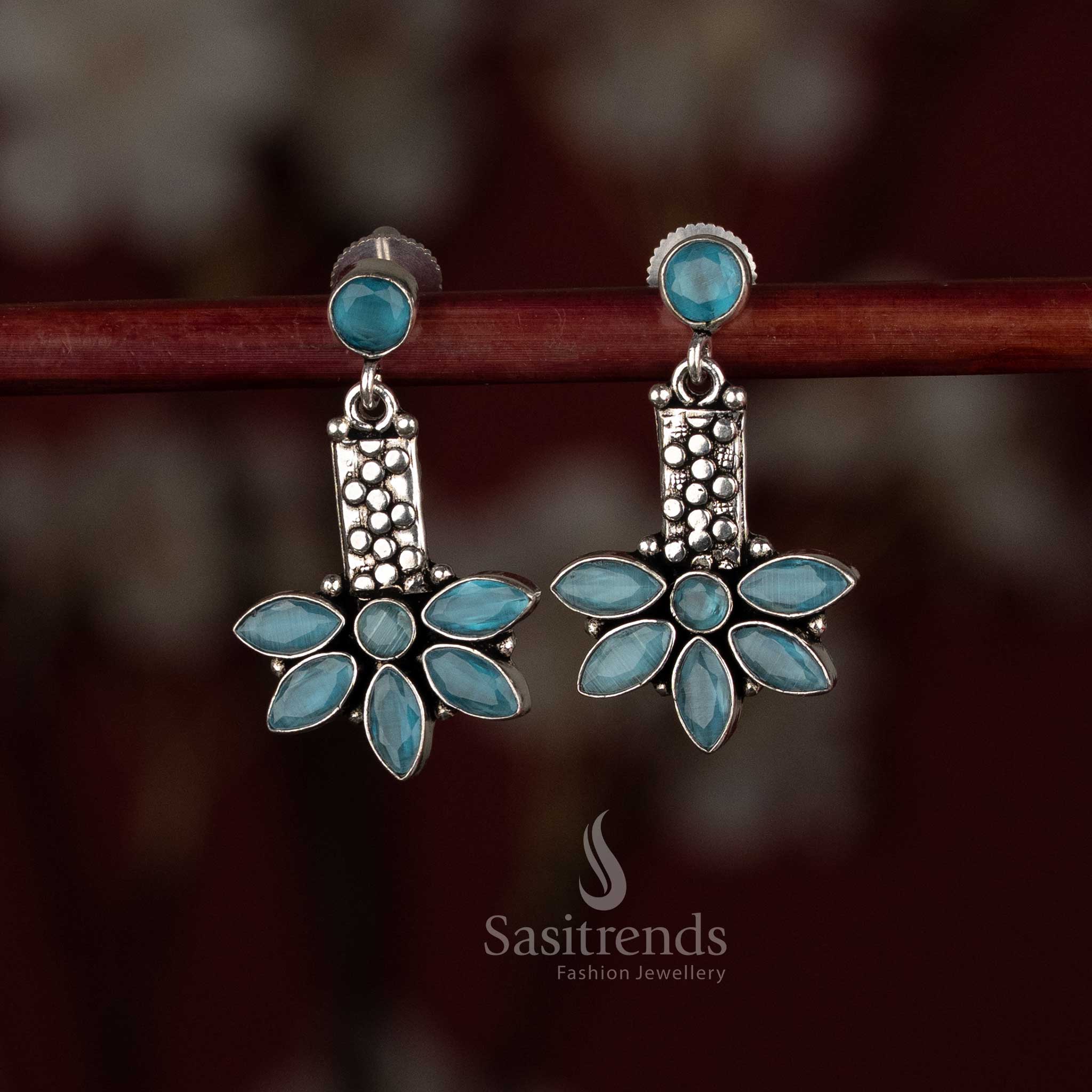 Elegant Oxidised Silver Plated Round Top Leaf  Motif Drop Earrings with Sculpted Vertical Form | A Thoughtful Statement Piece for Expressive Styling - Image 12