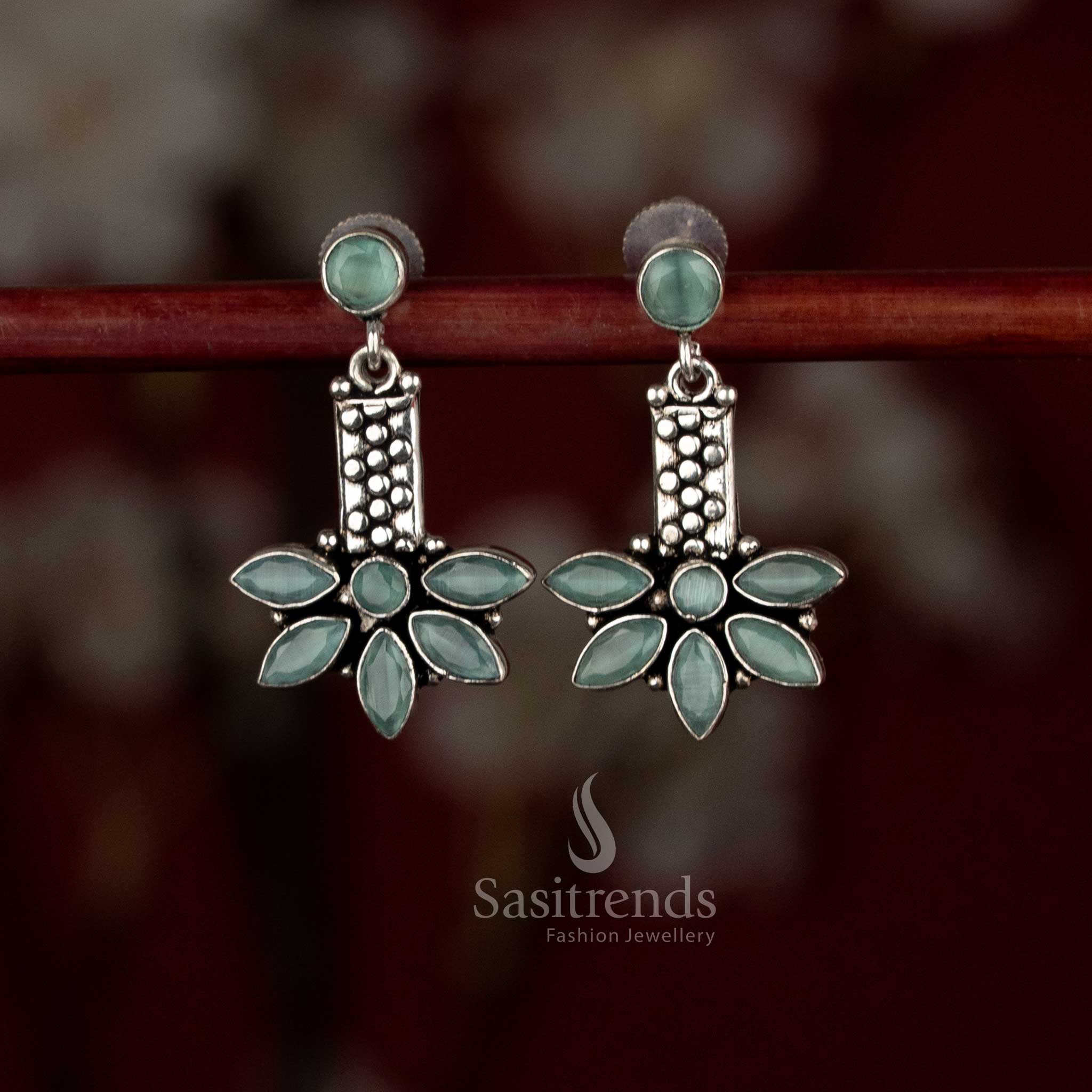 Elegant Oxidised Silver Plated Round Top Leaf  Motif Drop Earrings with Sculpted Vertical Form | A Thoughtful Statement Piece for Expressive Styling - Image 6