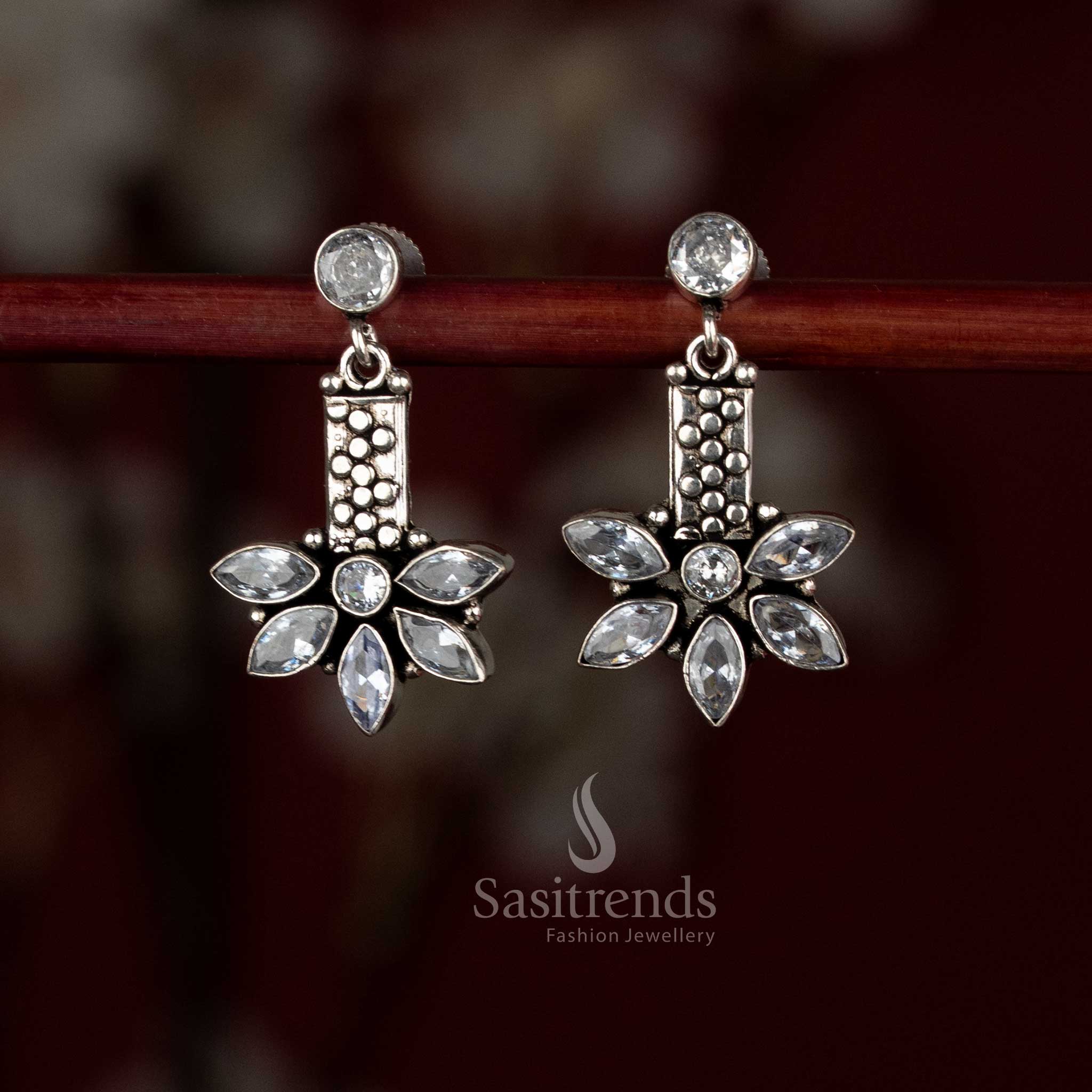 Elegant Oxidised Silver Plated Round Top Leaf  Motif Drop Earrings with Sculpted Vertical Form | A Thoughtful Statement Piece for Expressive Styling - Image 7