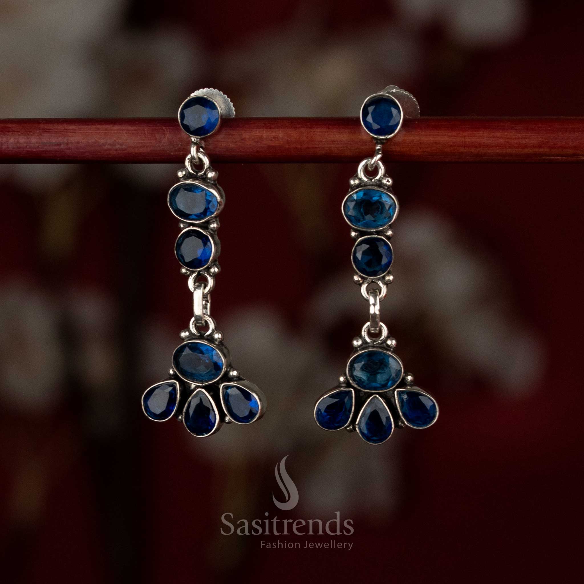 Stunning Oxidised Silver Plated Graceful Vertical Design Multi-Element Drop Earrings with Layered Floral Base - Image 7