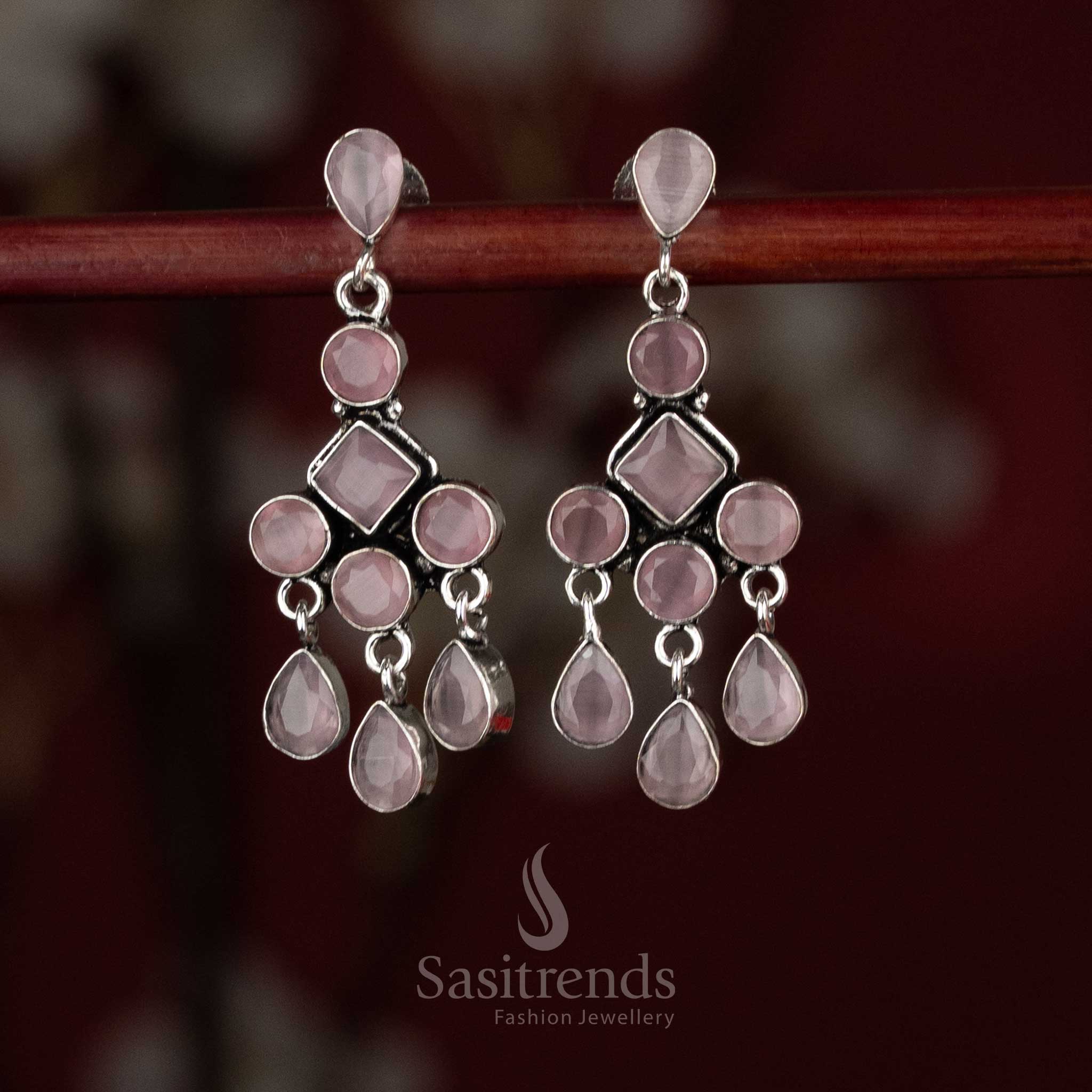 Mesmerizing Oxidised Silver Plated Layered Drop Earrings with Geometric Framing and Cascading Elements - Image 6