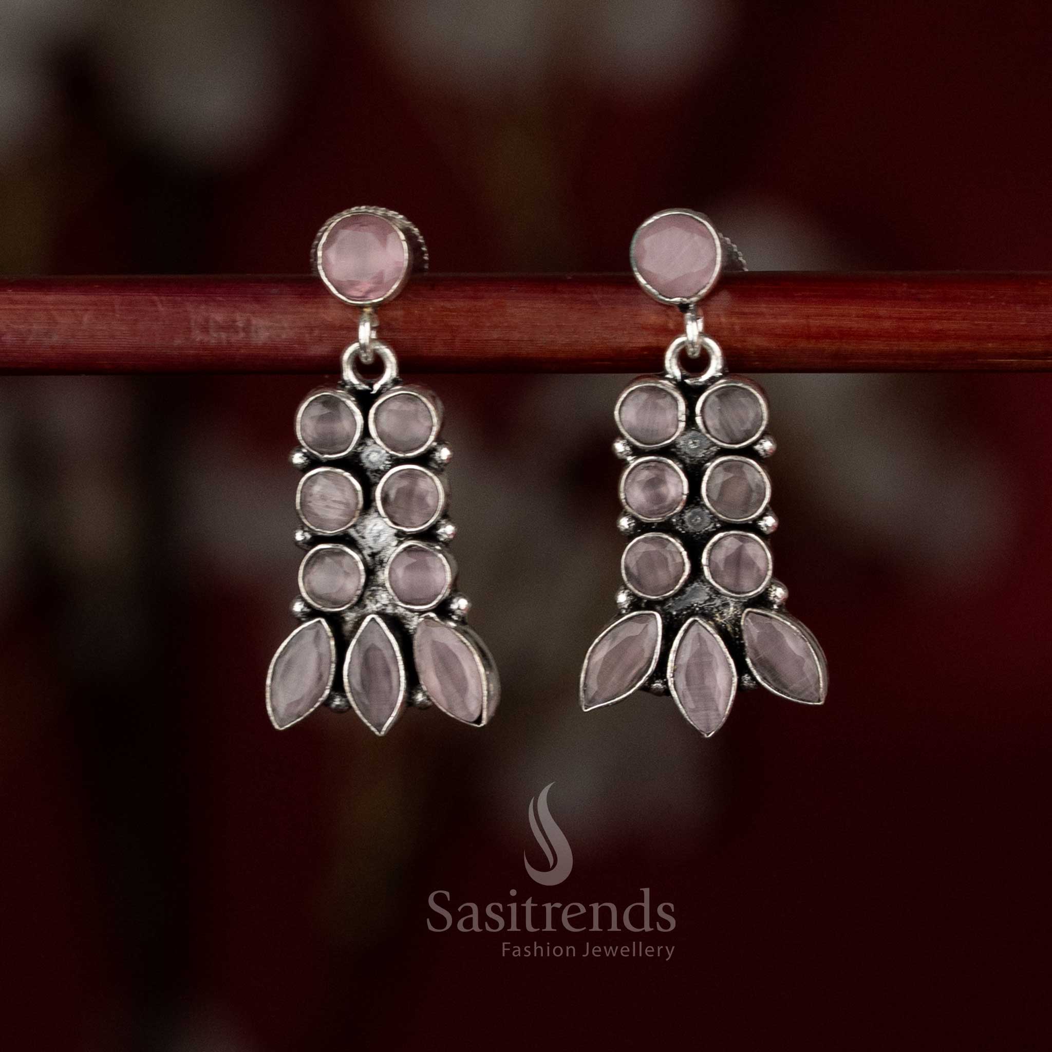 Alluring Oxidised Silver Plated Layered Drop Earrings with Multi-Setting Arrangement and Leaf-Inspired Finish - Image 7