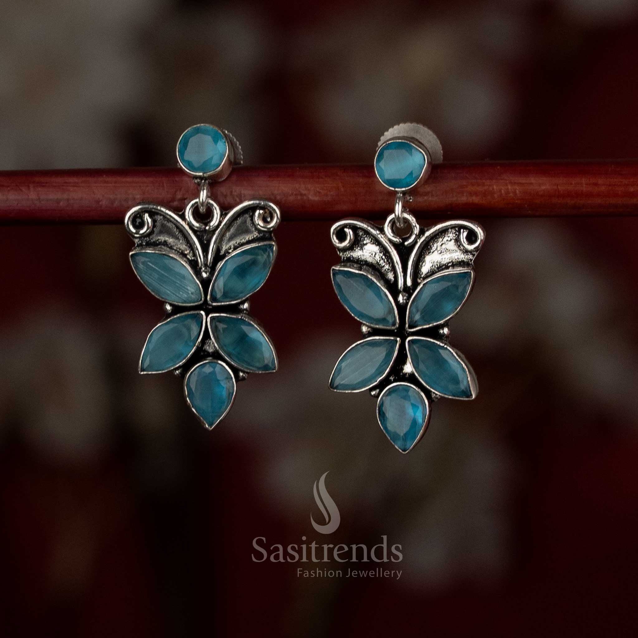 Enchanting Oxidised Silver Plated Butterfly Inspired Drop Earrings with Elegant Stone Detailing - Image 4