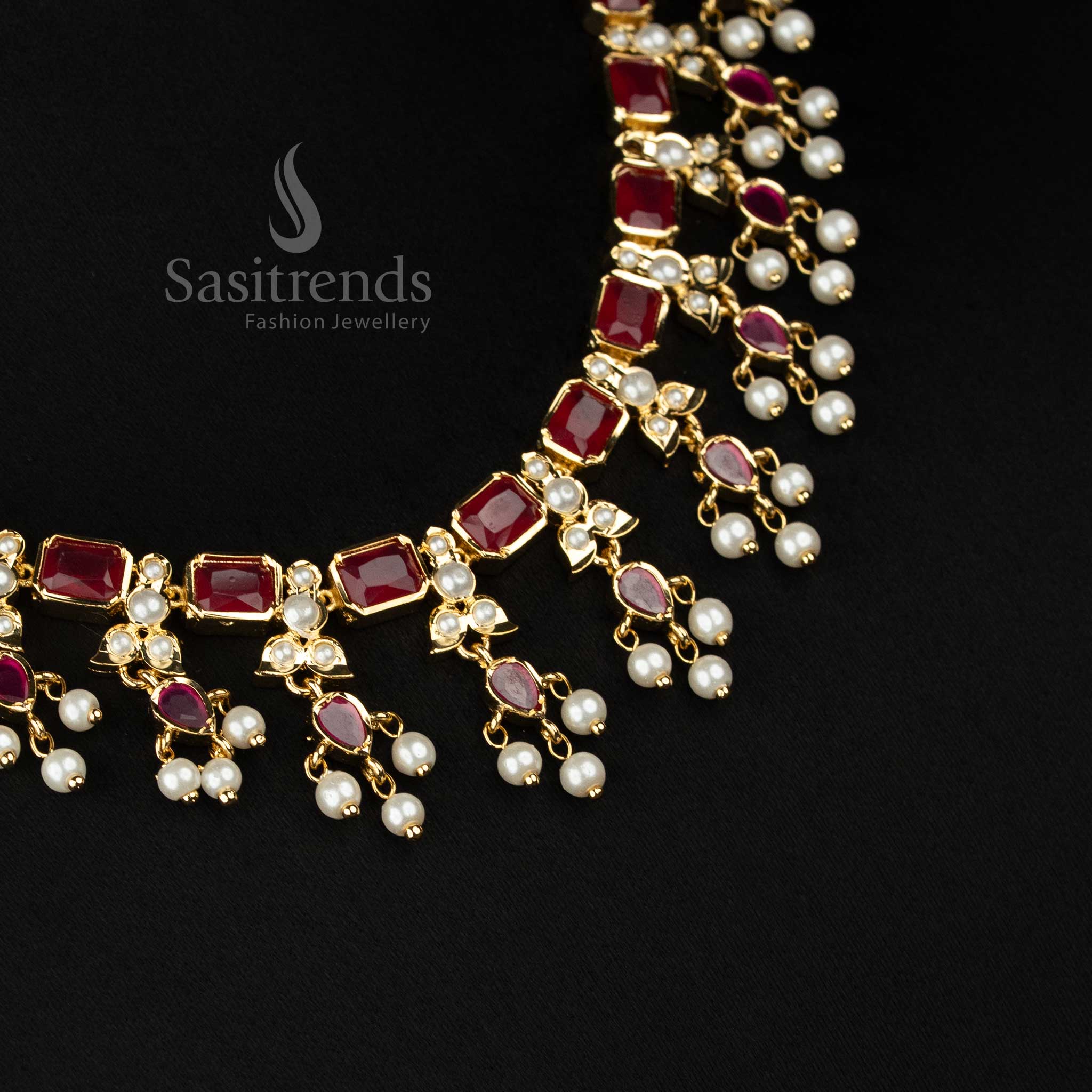 24K Micro Gold Plated American Diamond Necklace Jewellery Set with Rectangle Stone Chain & Pearl Drop Design - Image 2