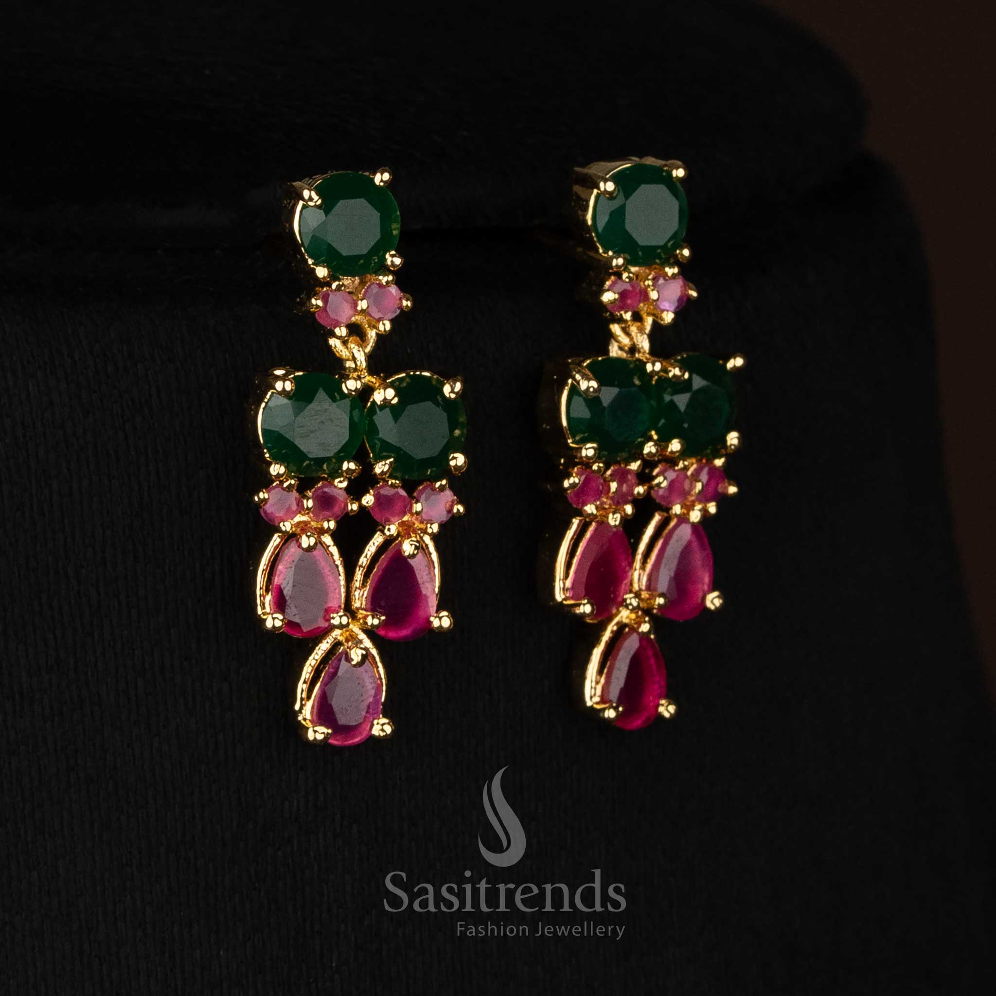 Charming 24K Micro Gold Plated American Diamond Necklace Jewellery Set with Teardrop Stone Layered Design - Image 3