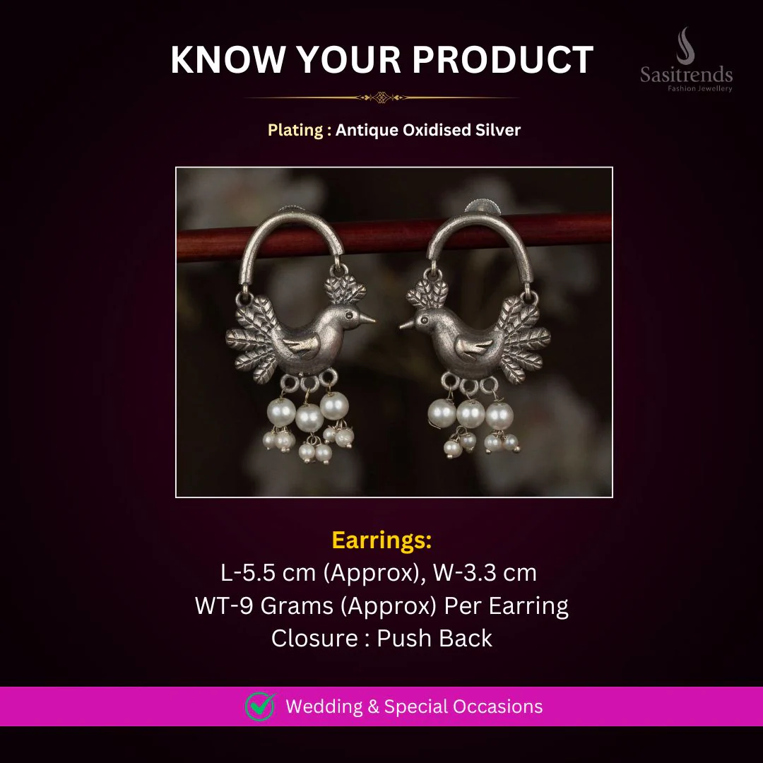 Beautifully Crafted 92.5 Silver Plated Antique Oxidised Bird Motif Hoop Drop Earrings with Pearl Detailing | Look Like Real Silver - Image 2