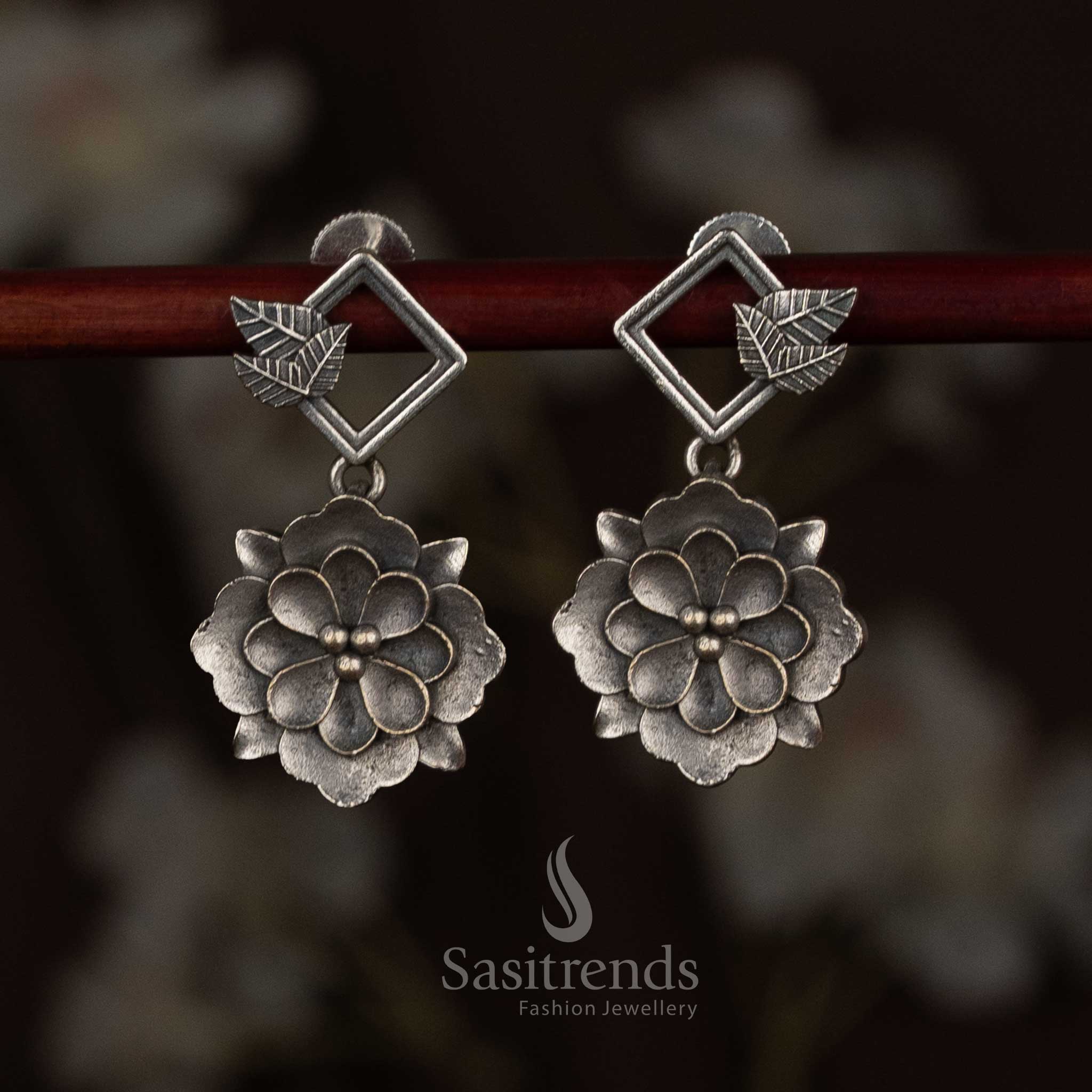 Dazzling 92.5 Silver Plated Antique Oxidised Geometric Floral Drop Earrings with Layered Petal Motif | Look Like Real Silver