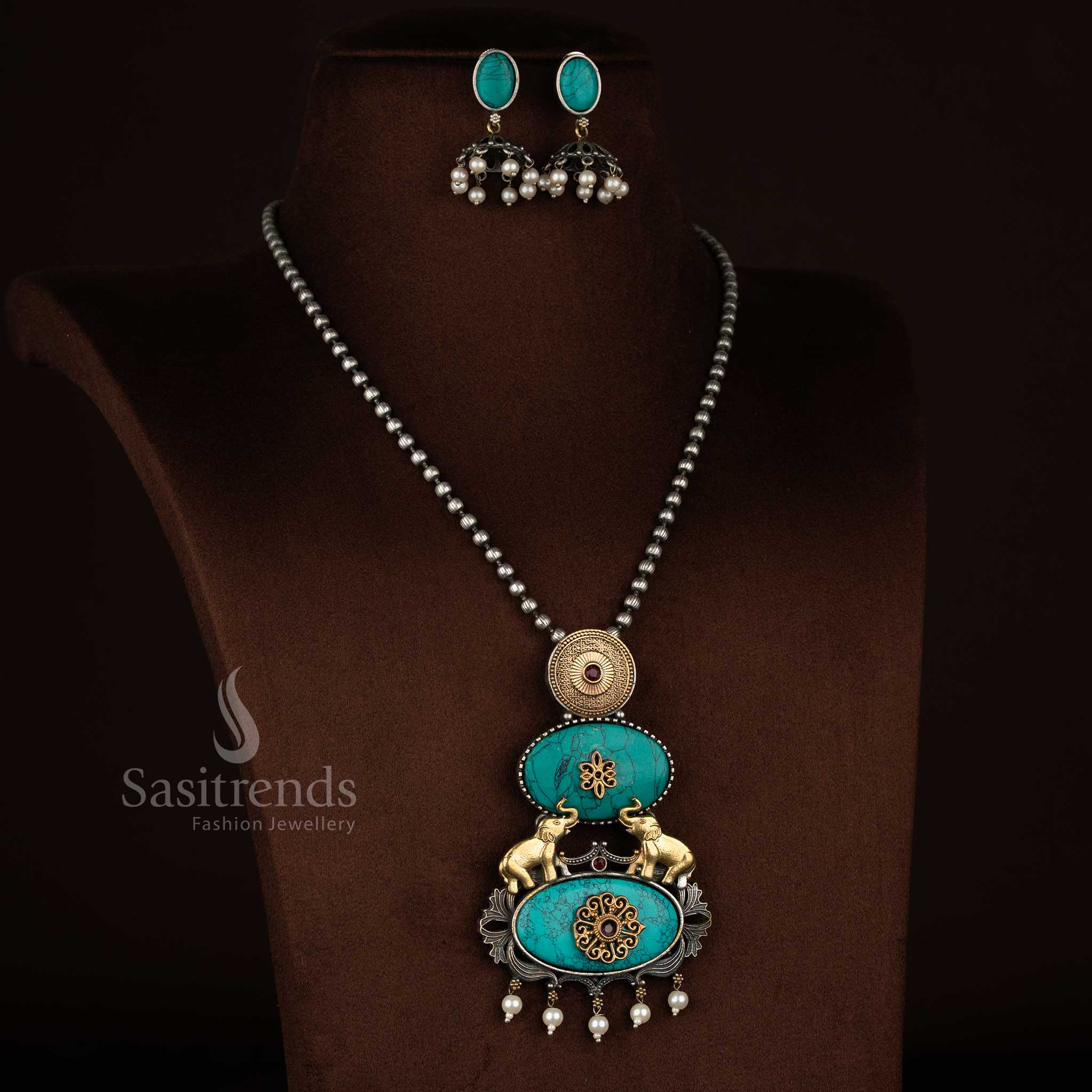 Elegant Antique Oxidised 92.5 Silver Plated Monalisa Stone Elephant Motif Pendant Long Necklace Jewellery Set with Pearl Danglers and Matching Earrings - Image 14