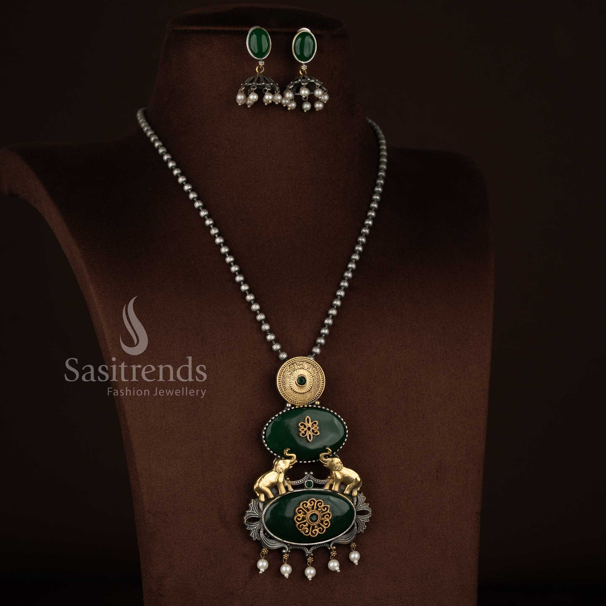 Elegant Antique Oxidised 92.5 Silver Plated Monalisa Stone Elephant Motif Pendant Long Necklace Jewellery Set with Pearl Danglers and Matching Earrings - Image 2