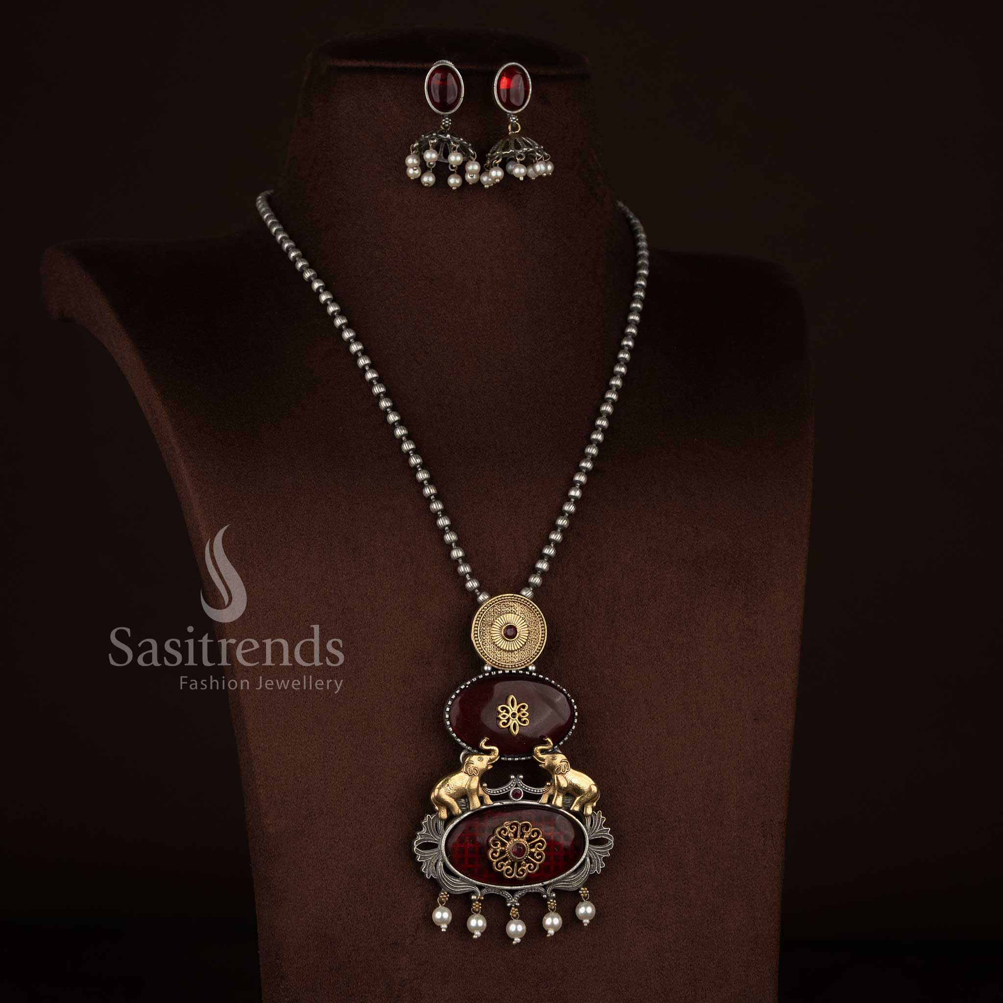 Elegant Antique Oxidised 92.5 Silver Plated Monalisa Stone Elephant Motif Pendant Long Necklace Jewellery Set with Pearl Danglers and Matching Earrings - Image 3