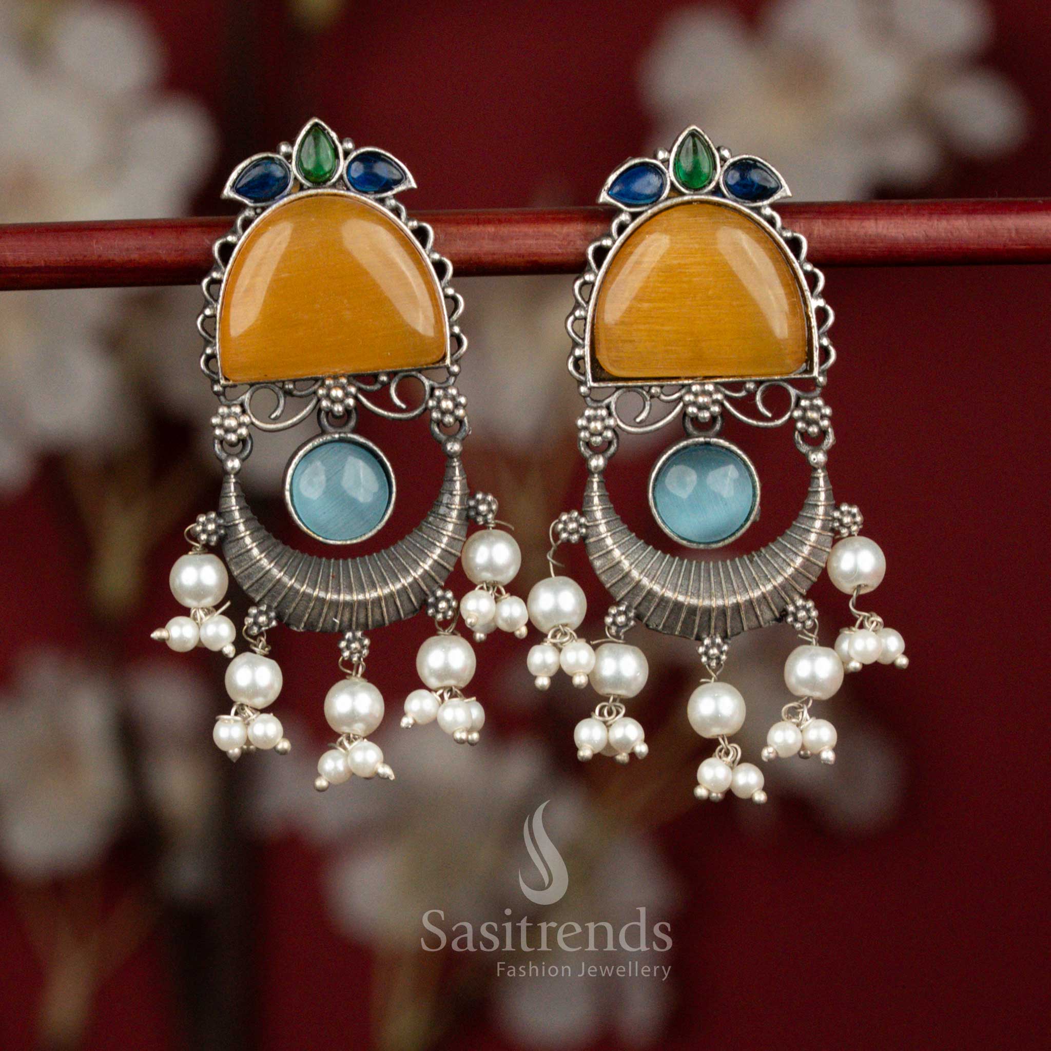 Attractive Antique Oxidised 92.5 Silver Plated Monalisa Stone Arch & Crescent Pearl Tassel Earrings for Party Wear - Image 11