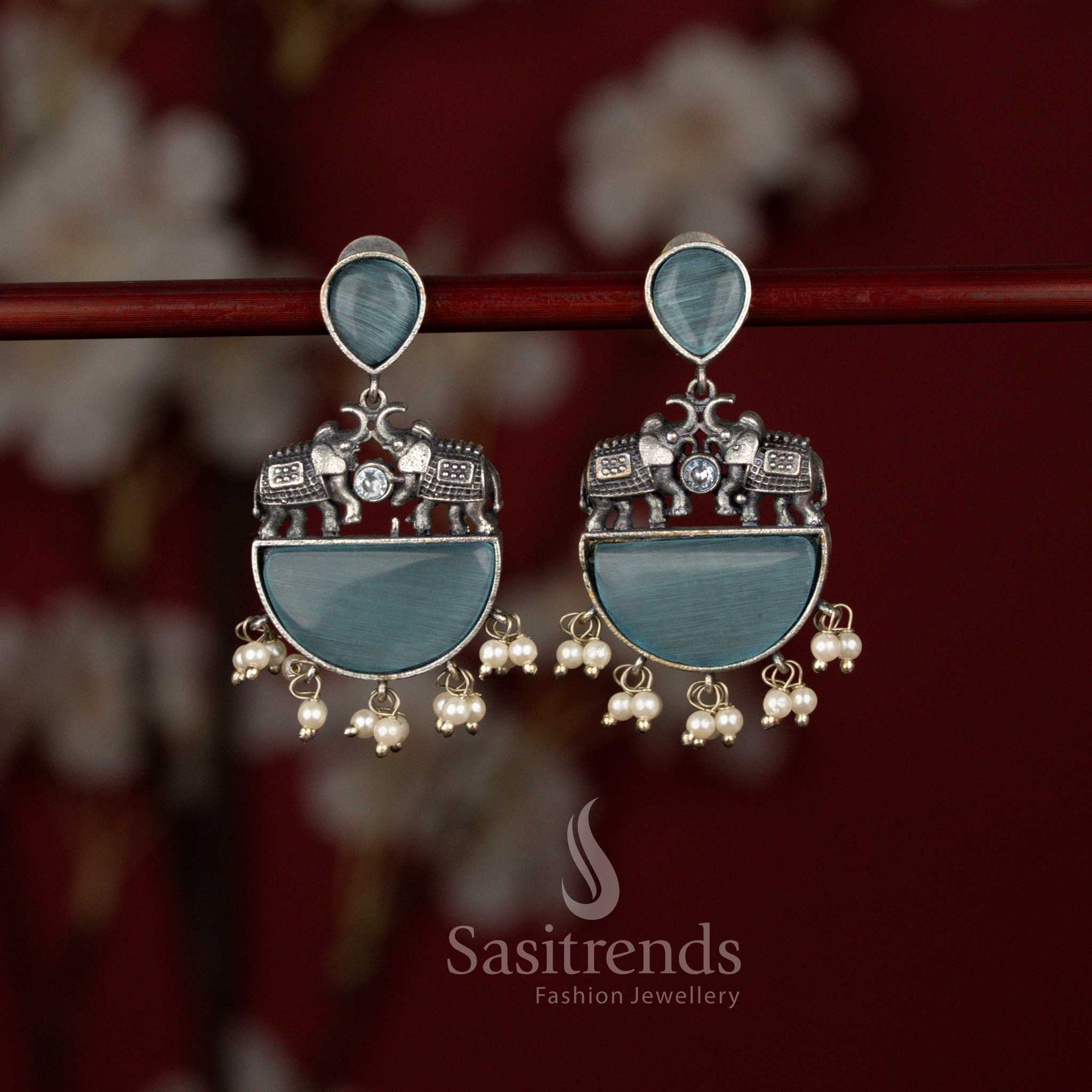 Gorgeous Antique Oxidised Silver Plated Elephant Motif Statement Earrings with Structured Arch Design, Half Moon Base and Pearl Drop Detailing - Image 3