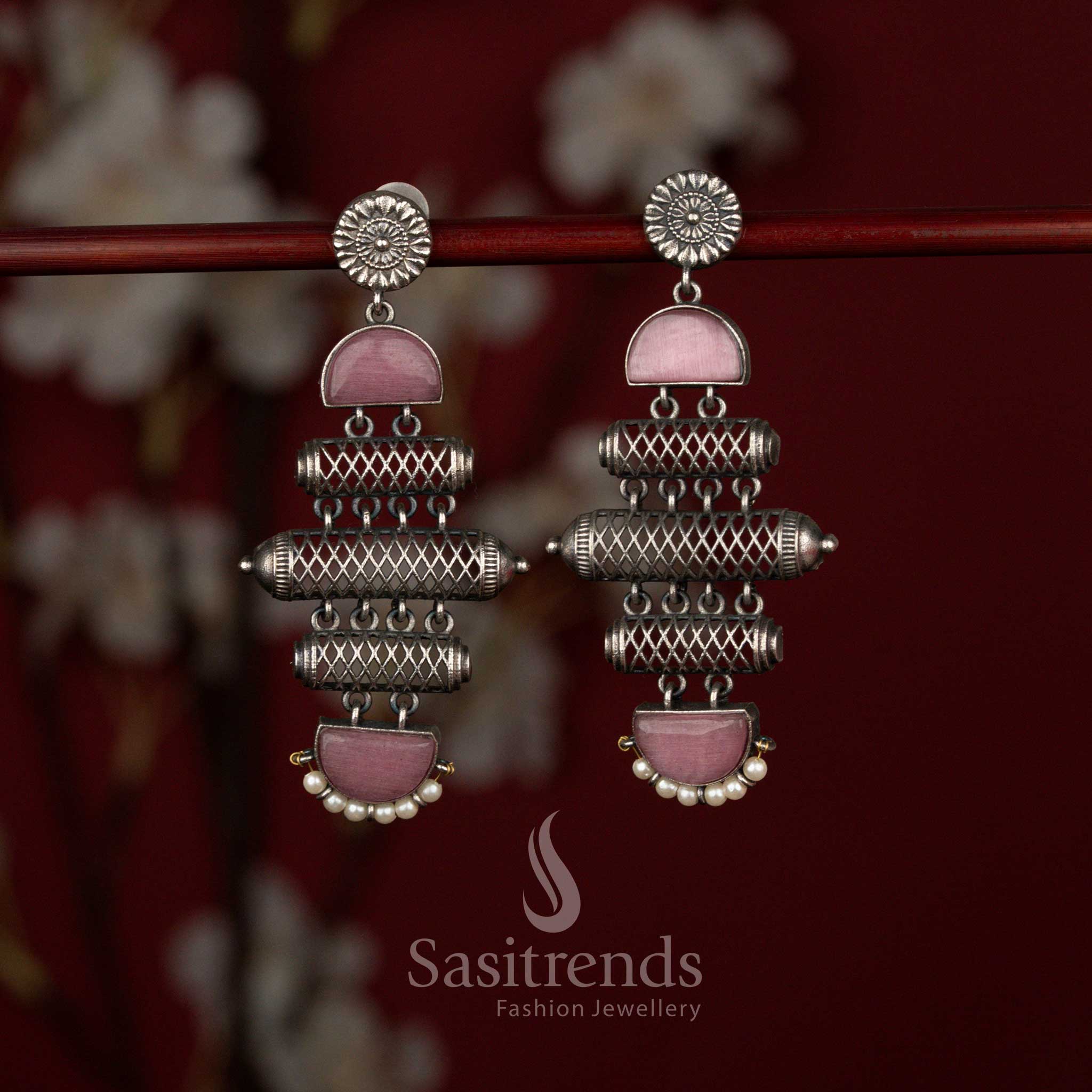 Antique Oxidised Silver Plated Multi-Layered Barrel Structure Statement Earrings with Textured Cylindrical Design, Stone Panels and Pearl Drop Finish - Image 3
