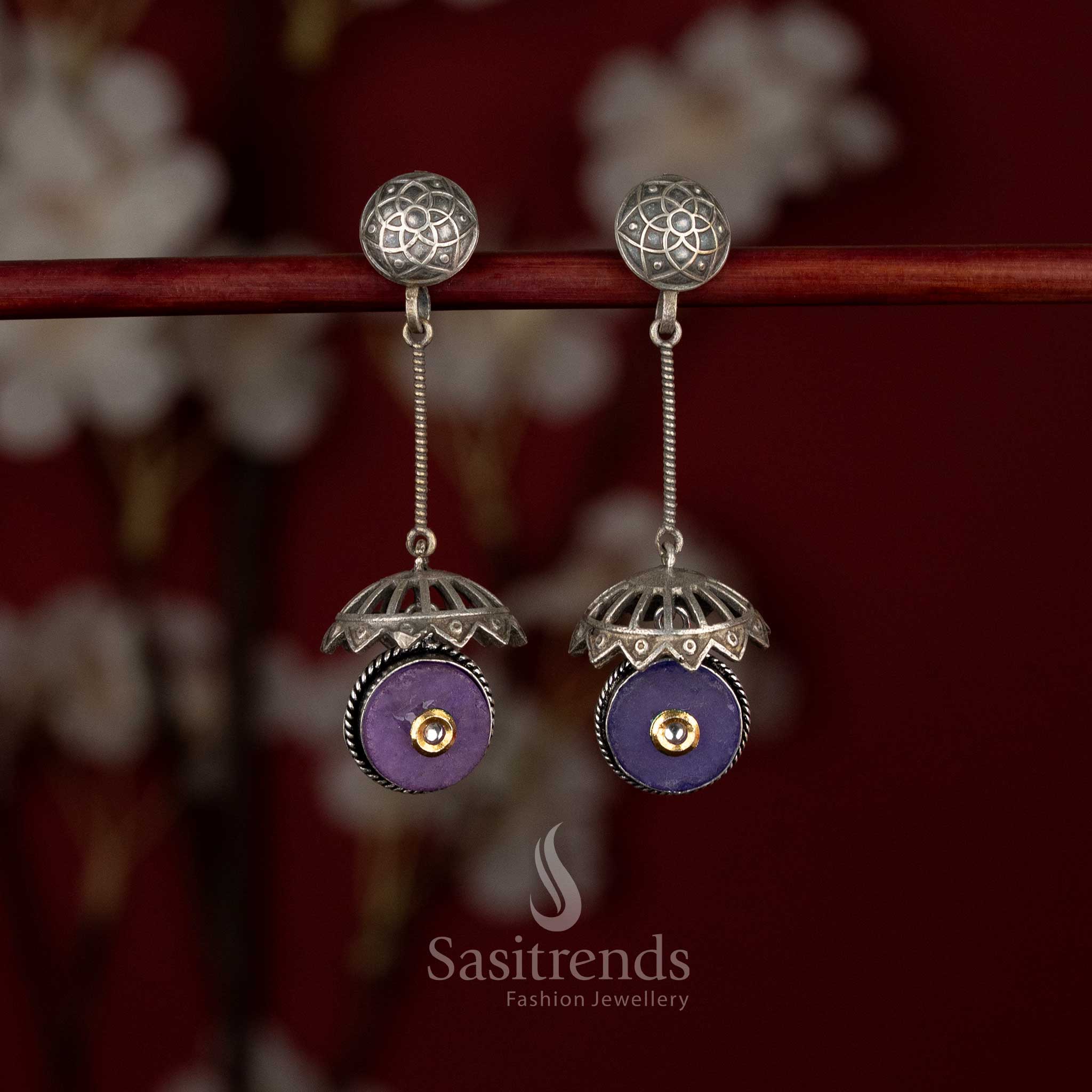Antique Oxidised Silver Plated Dome Drop Earrings with Engraved Stud Top, Hanging Rod Frame and Circular Stone Detailed Statement Structure