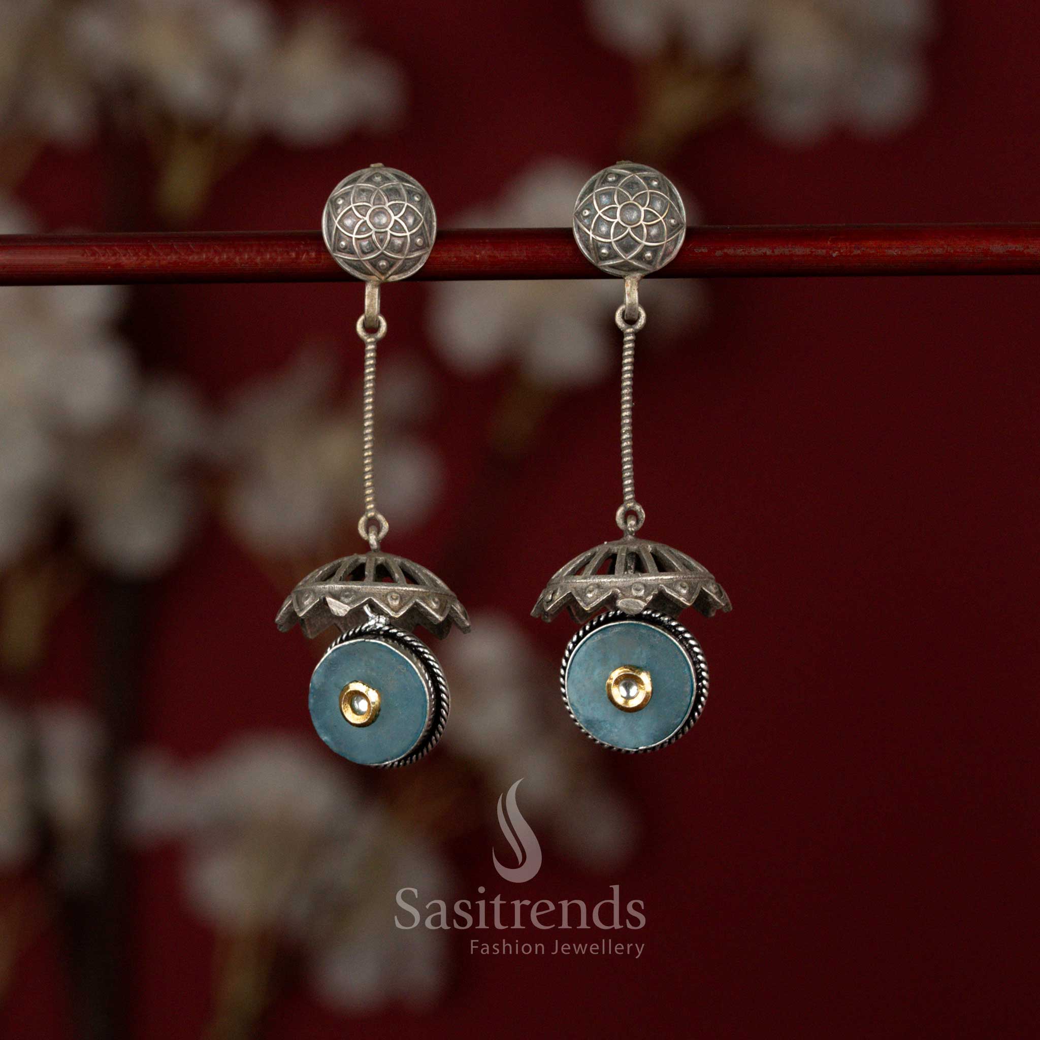 Antique Oxidised Silver Plated Dome Drop Earrings with Engraved Stud Top, Hanging Rod Frame and Circular Stone Detailed Statement Structure - Image 2