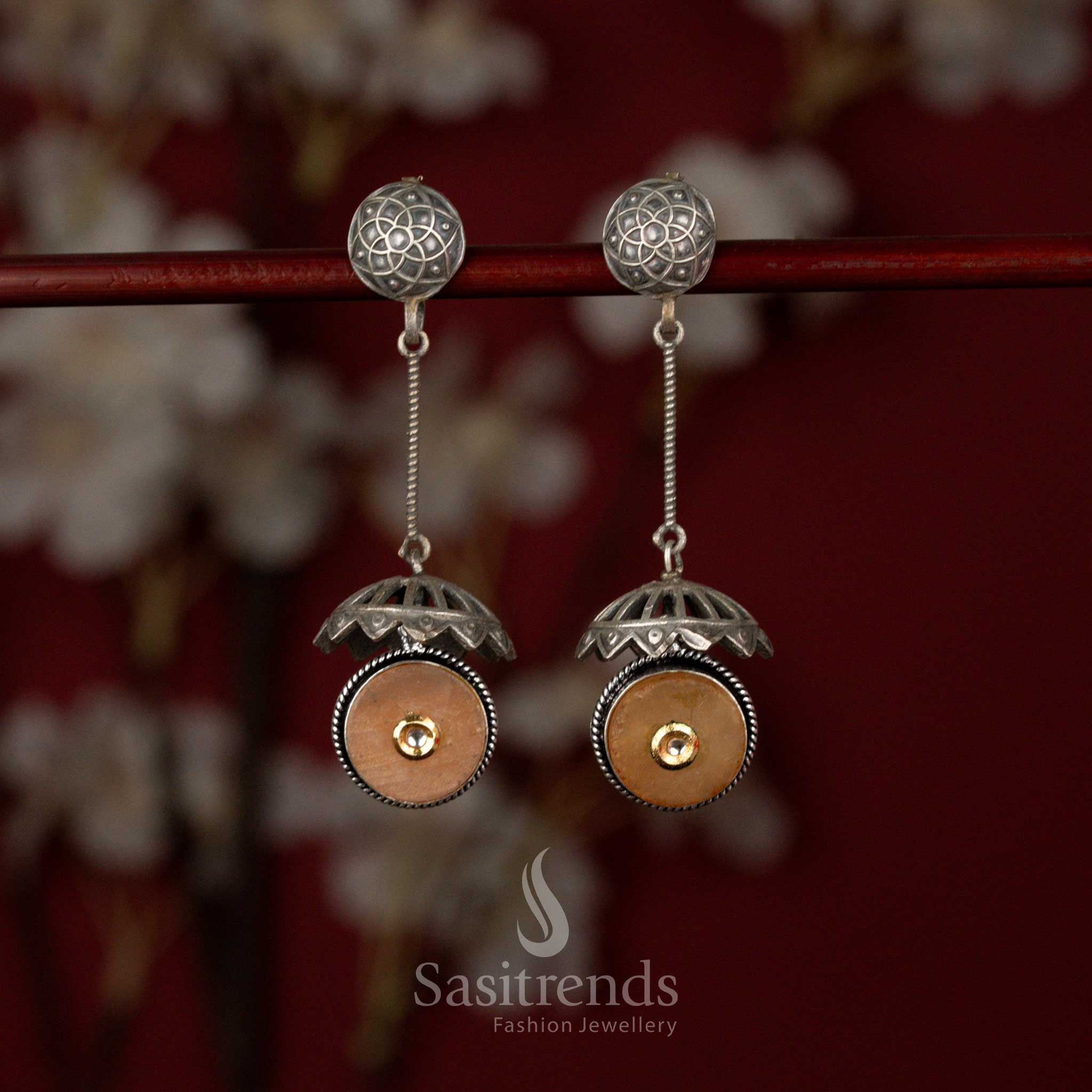 Antique Oxidised Silver Plated Dome Drop Earrings with Engraved Stud Top, Hanging Rod Frame and Circular Stone Detailed Statement Structure - Image 3