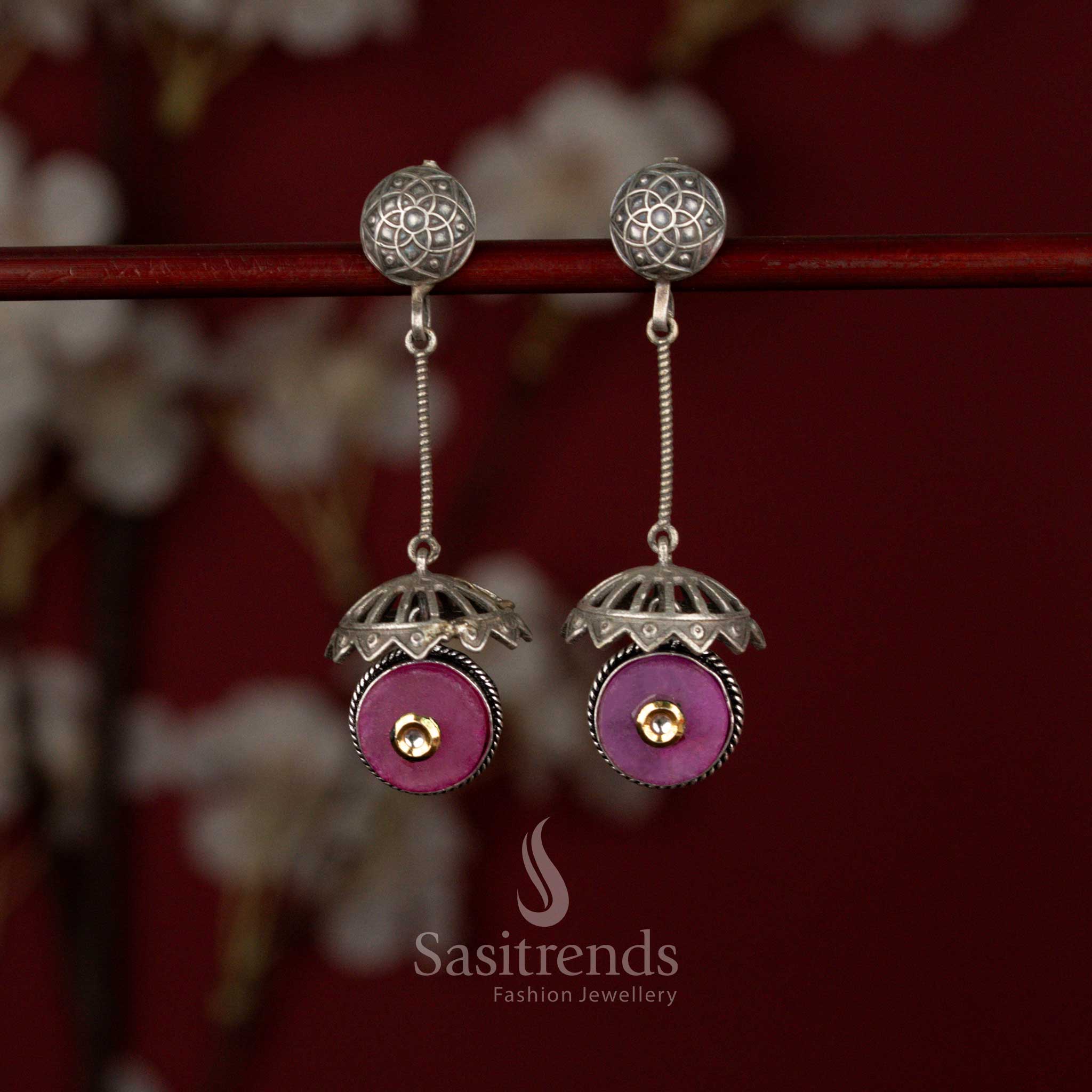 Antique Oxidised Silver Plated Dome Drop Earrings with Engraved Stud Top, Hanging Rod Frame and Circular Stone Detailed Statement Structure - Image 4