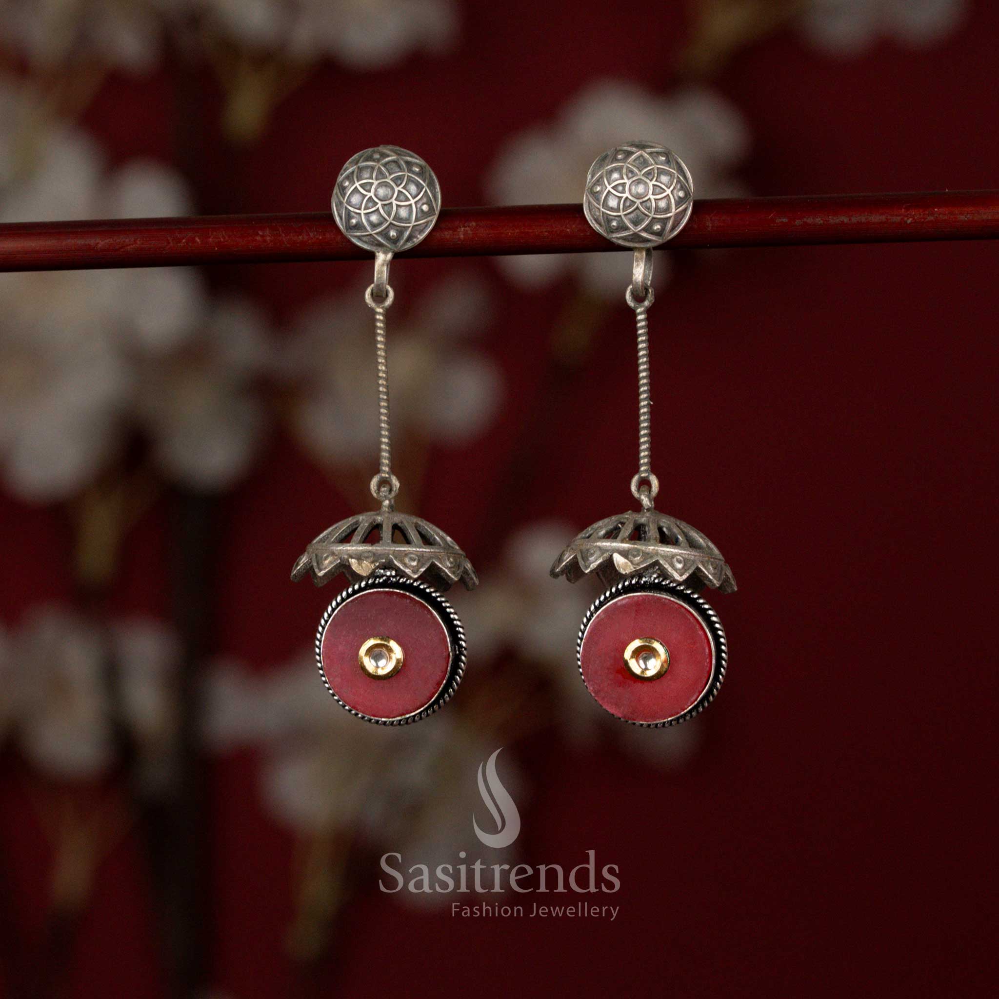 Antique Oxidised Silver Plated Dome Drop Earrings with Engraved Stud Top, Hanging Rod Frame and Circular Stone Detailed Statement Structure - Image 5