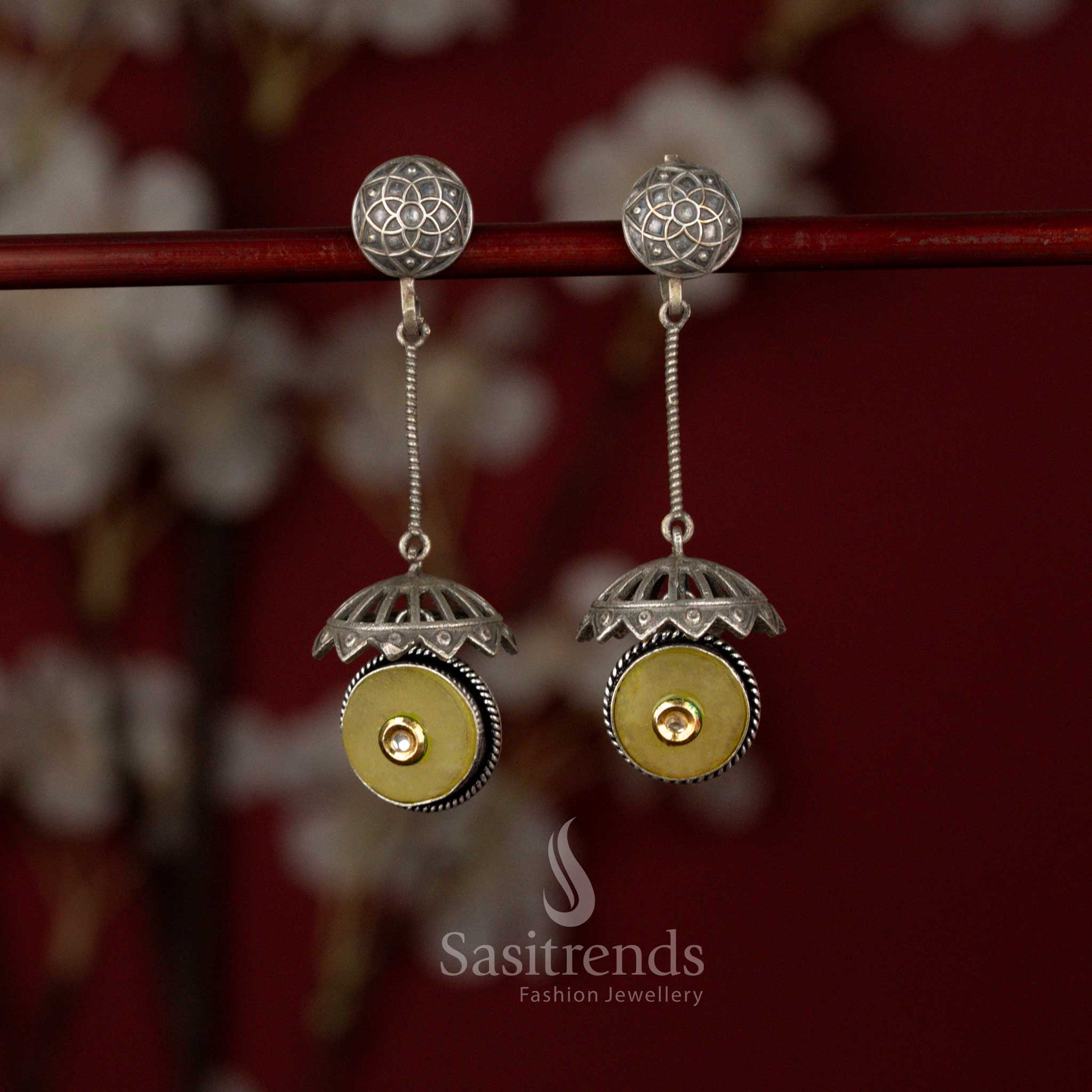 Antique Oxidised Silver Plated Dome Drop Earrings with Engraved Stud Top, Hanging Rod Frame and Circular Stone Detailed Statement Structure - Image 6