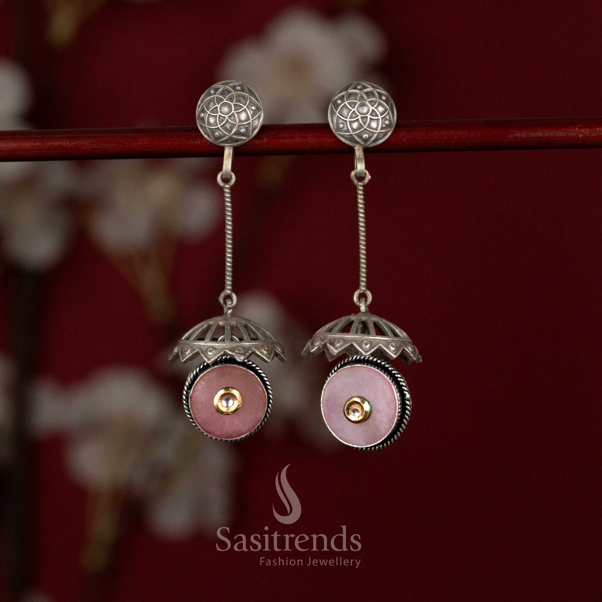 Antique Oxidised Silver Plated Dome Drop Earrings with Engraved Stud Top, Hanging Rod Frame and Circular Stone Detailed Statement Structure - Image 7
