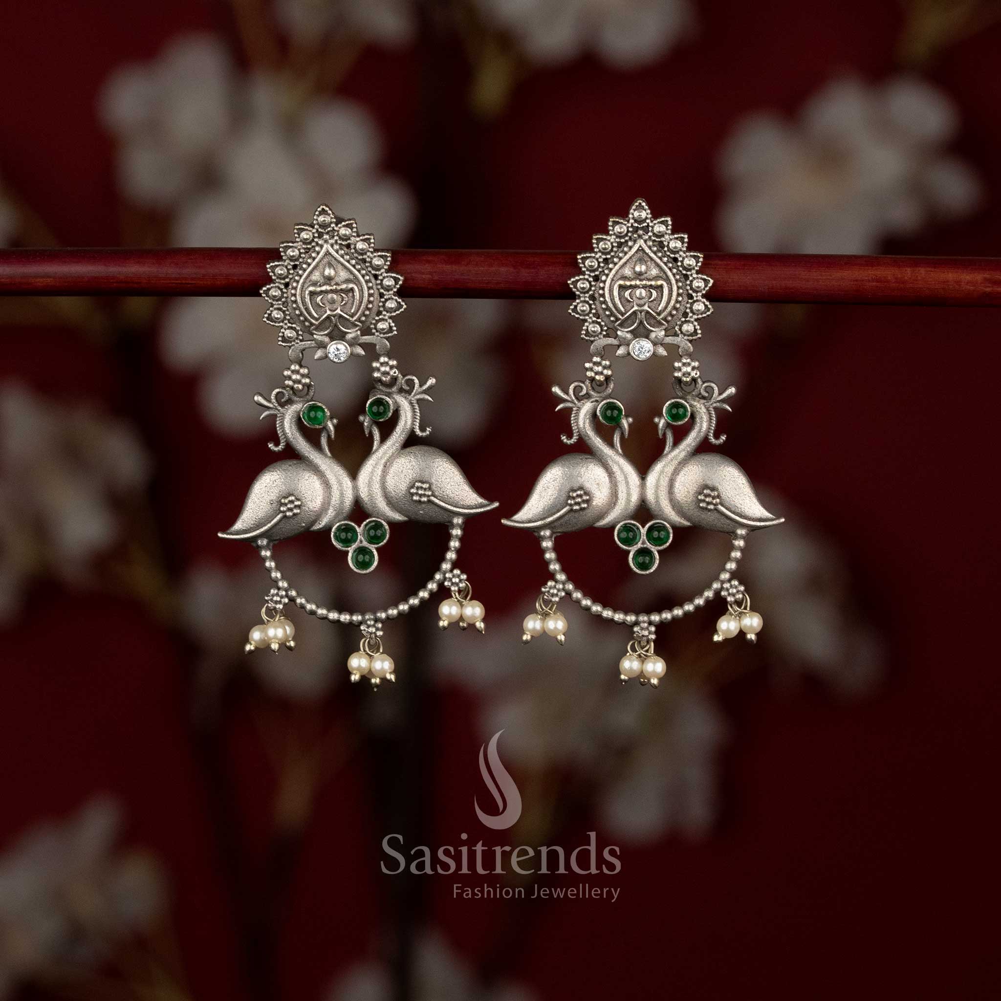 Elegant Antique Oxidised Silver Plated Peacock Motif Drop Earrings with Temple Inspired Stud, Curved Beaded Chain and Pearl Hangings - Image 3