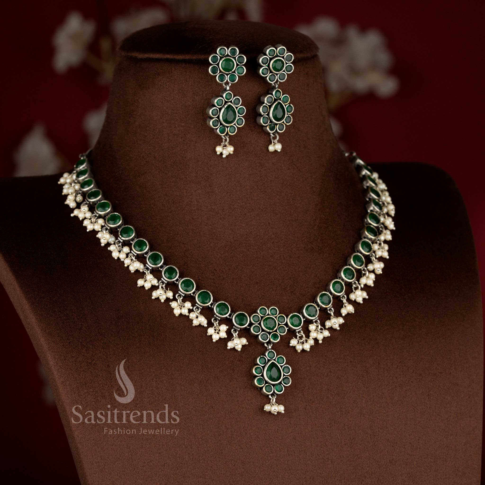 Attractive Oxidised Stone Floral Pearl Drop Necklace Jewellery Set | Structured Traditional Design for Modern Saree & Festive Styling - Image 4