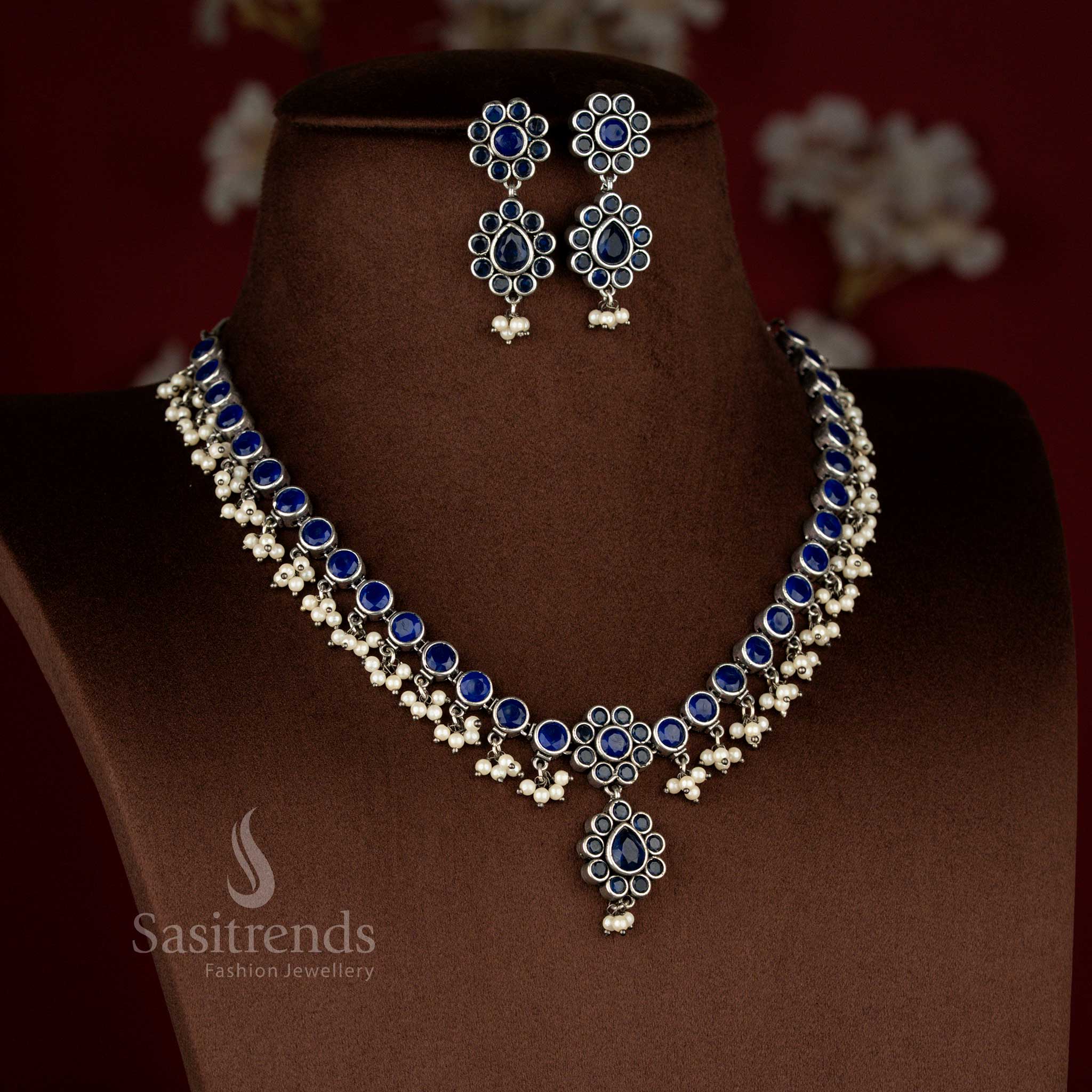 Attractive Oxidised Stone Floral Pearl Drop Necklace Jewellery Set | Structured Traditional Design for Modern Saree & Festive Styling - Image 7