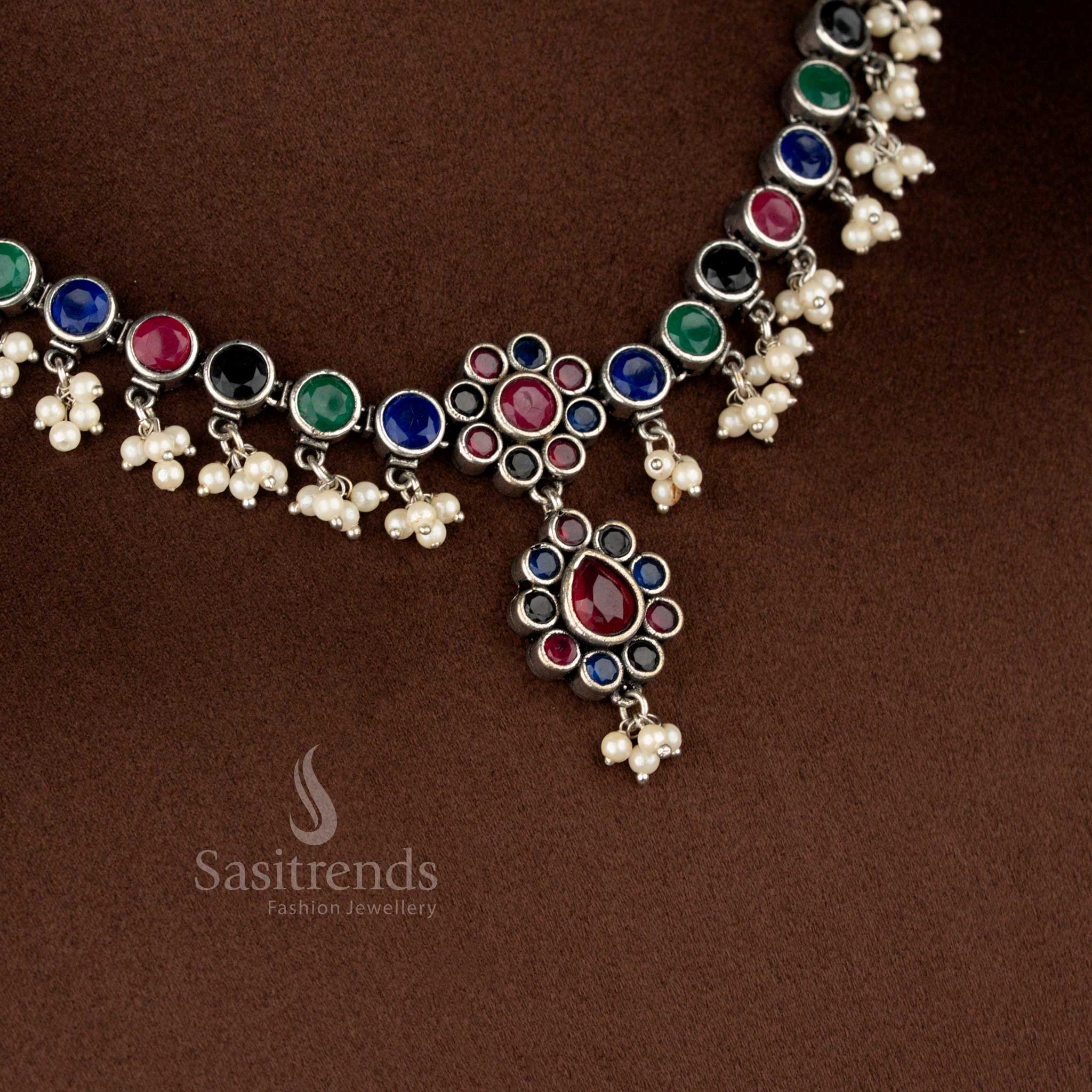 Attractive Oxidised Stone Floral Pearl Drop Necklace Jewellery Set | Structured Traditional Design for Modern Saree & Festive Styling - Image 9