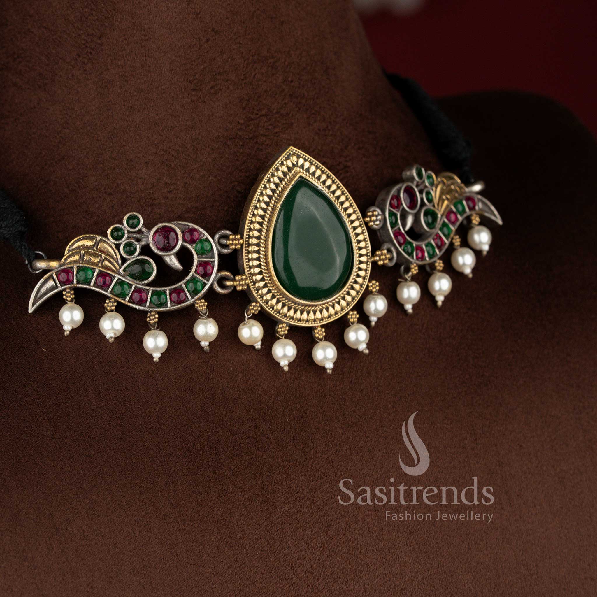 Beautifully Crafted Dual Tone Antique Oxidised 92.5 Silver Plated Heritage Peacock Pearl Stone Choker Necklace Jewellery Set - Image 8