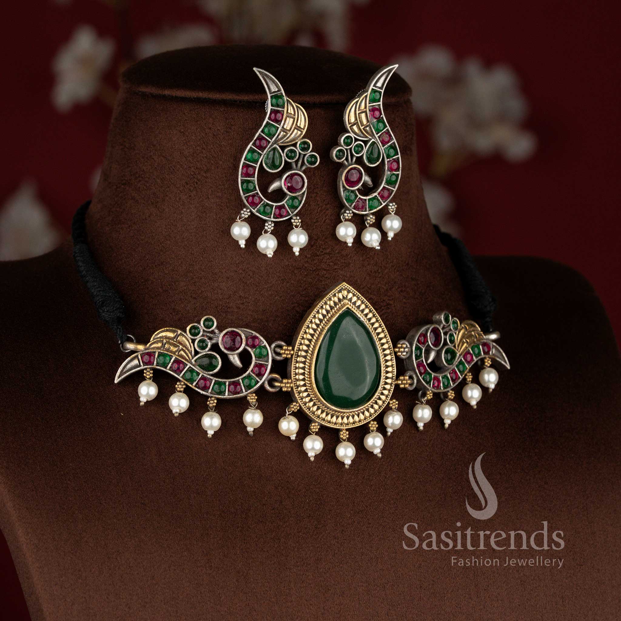 Beautifully Crafted Dual Tone Antique Oxidised 92.5 Silver Plated Heritage Peacock Pearl Stone Choker Necklace Jewellery Set - Image 9
