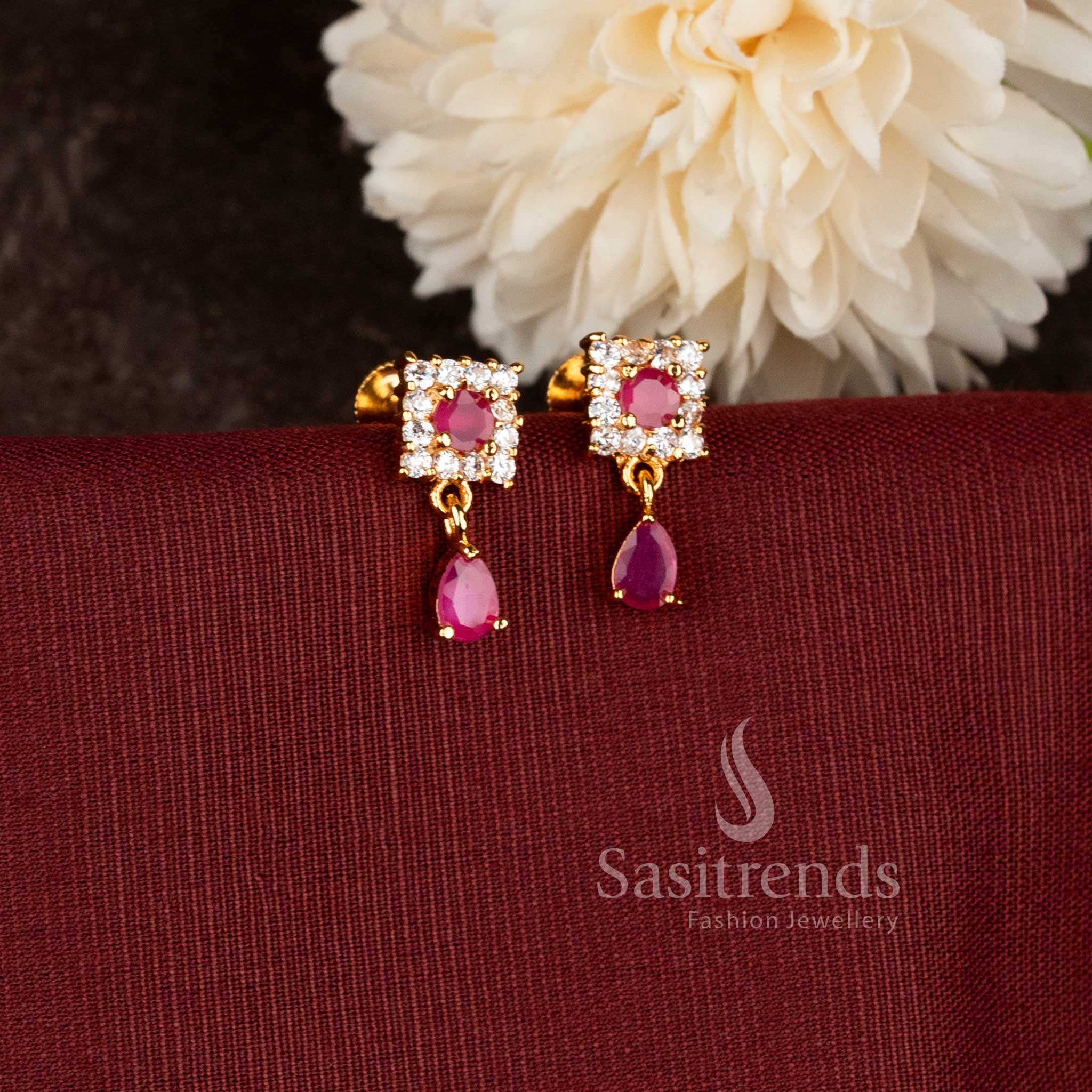 Elegant Micro Gold Plated American Diamond Square Drop Earrings for Festive and Office Wear - Sasitrends - Image 4