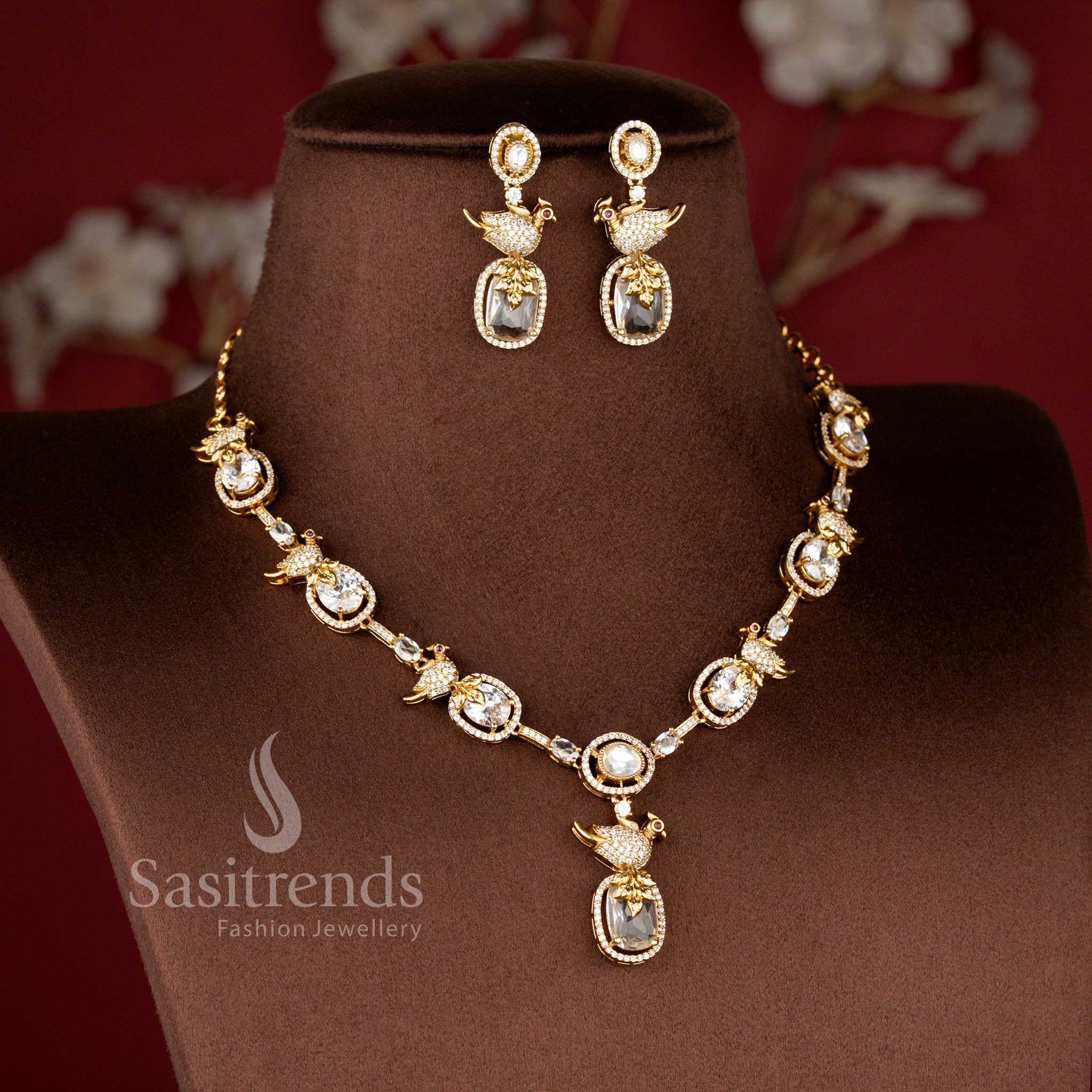 Amazing Peacock Design Matte Gold Plated Oval-Shaped American Diamond Necklace Set - Sasitrends - Image 5