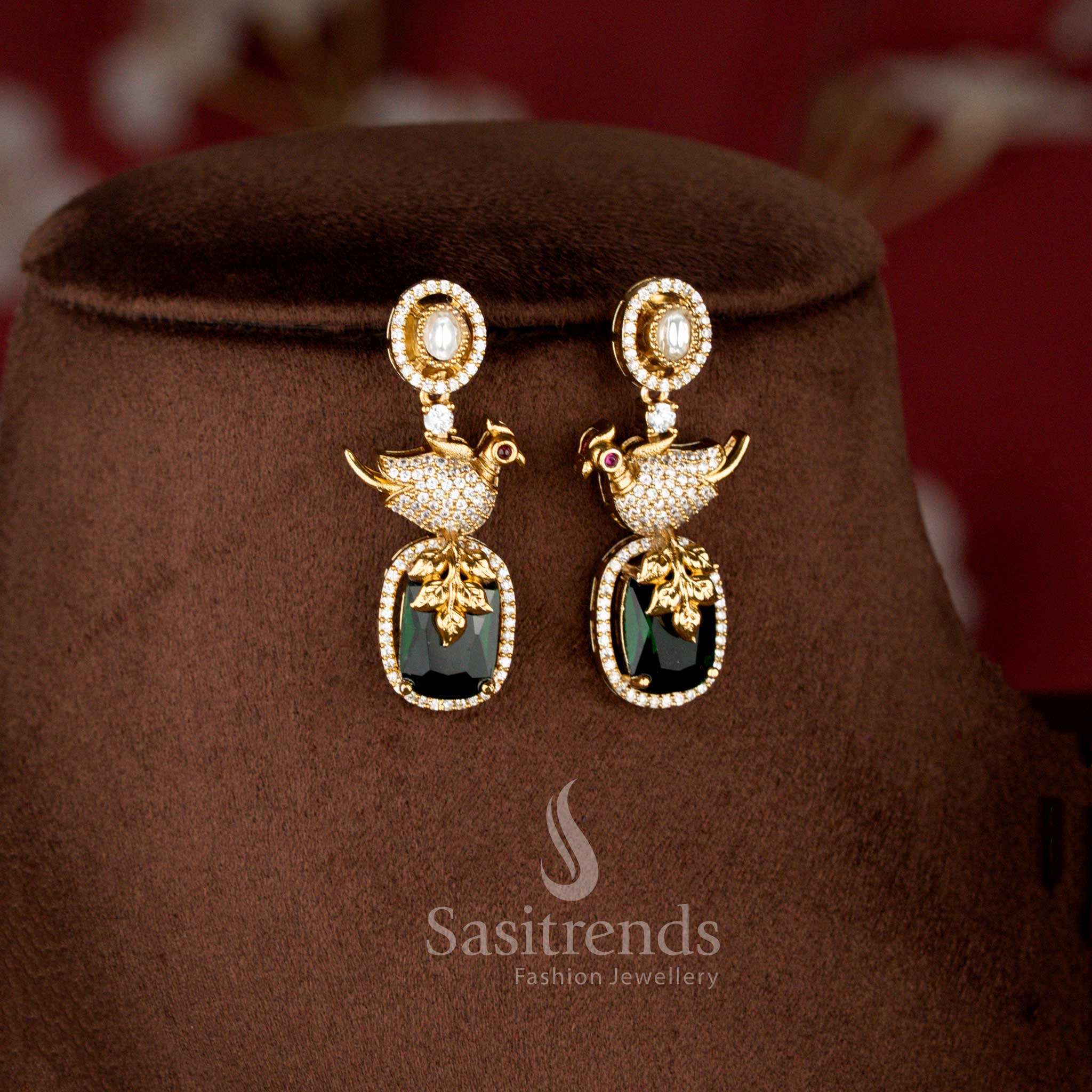 Amazing Peacock Design Matte Gold Plated Oval-Shaped American Diamond Necklace Set - Sasitrends - Image 9