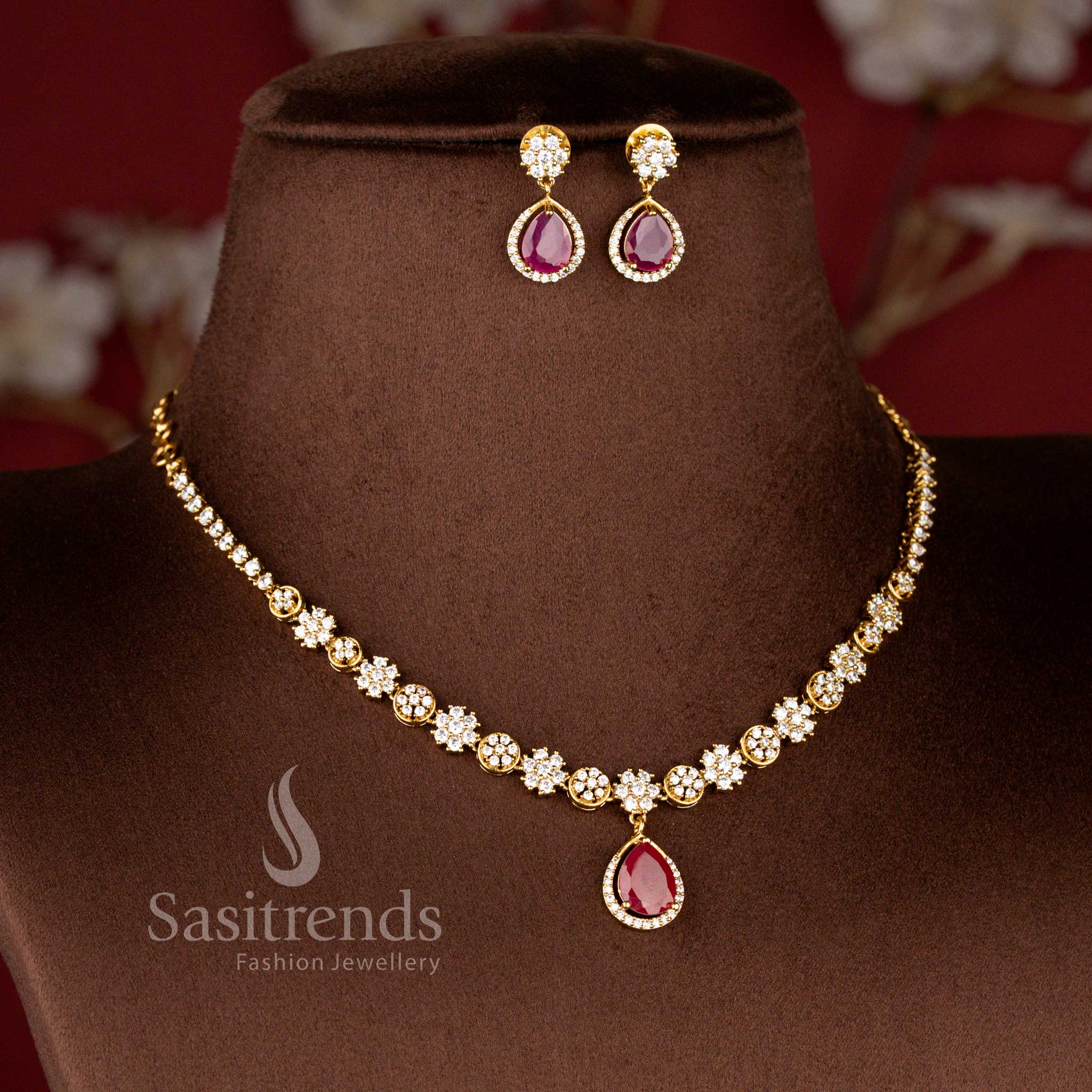 Stunning American Diamond Floral Teardrop Matte Gold Plated Necklace Set for Party Wear - Sasitrends