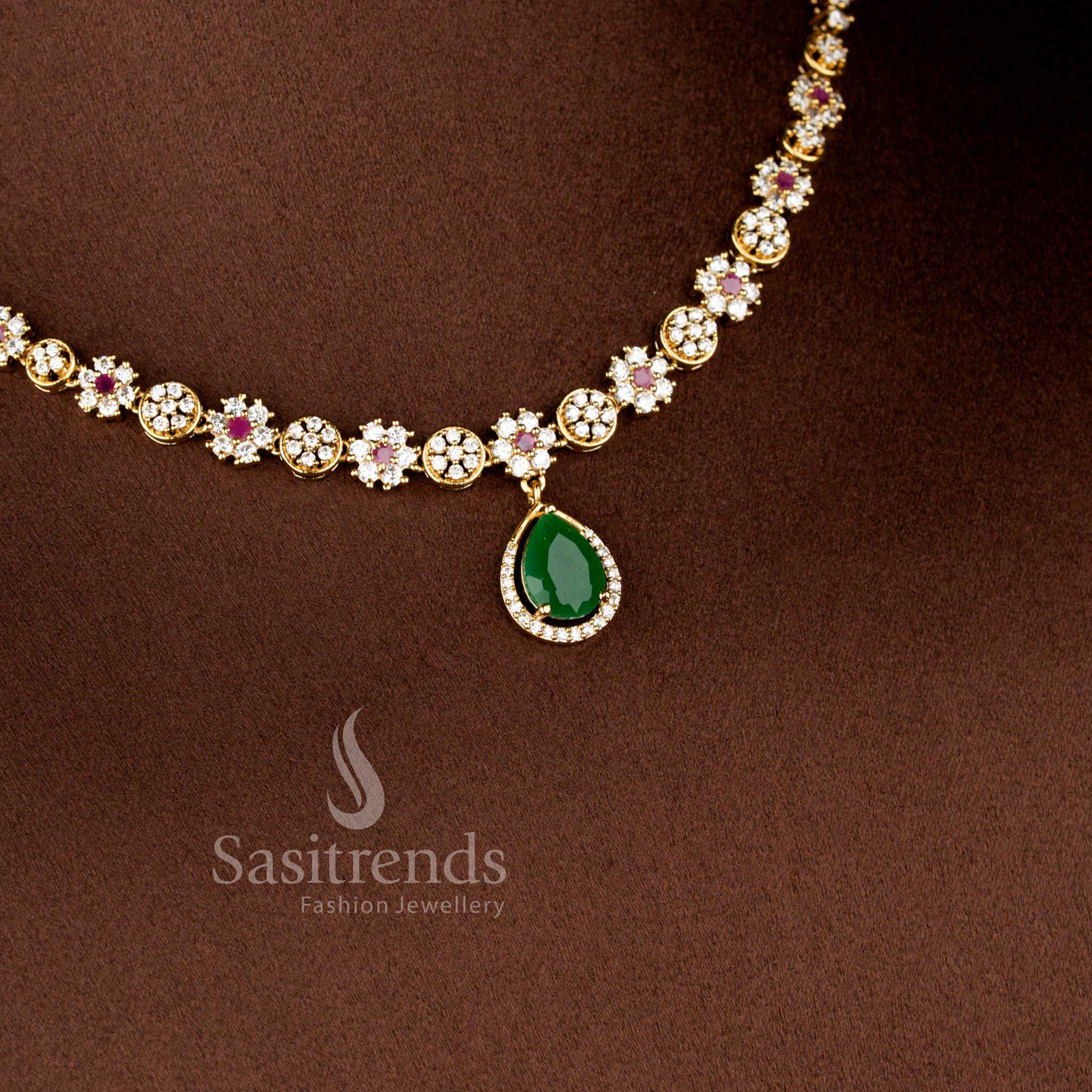 Stunning American Diamond Floral Teardrop Matte Gold Plated Necklace Set for Party Wear - Sasitrends - Image 10
