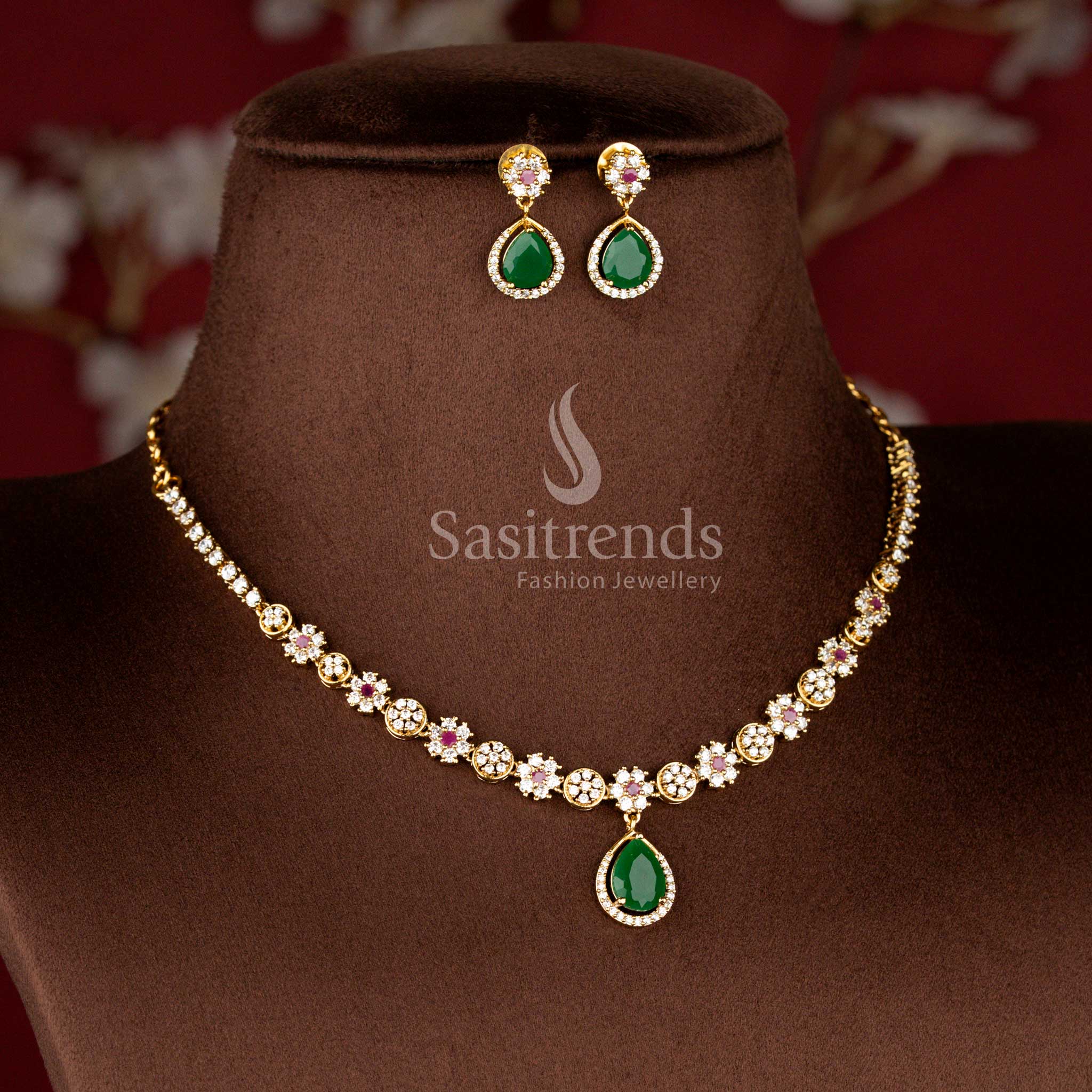 Stunning American Diamond Floral Teardrop Matte Gold Plated Necklace Set for Party Wear - Sasitrends - Image 12