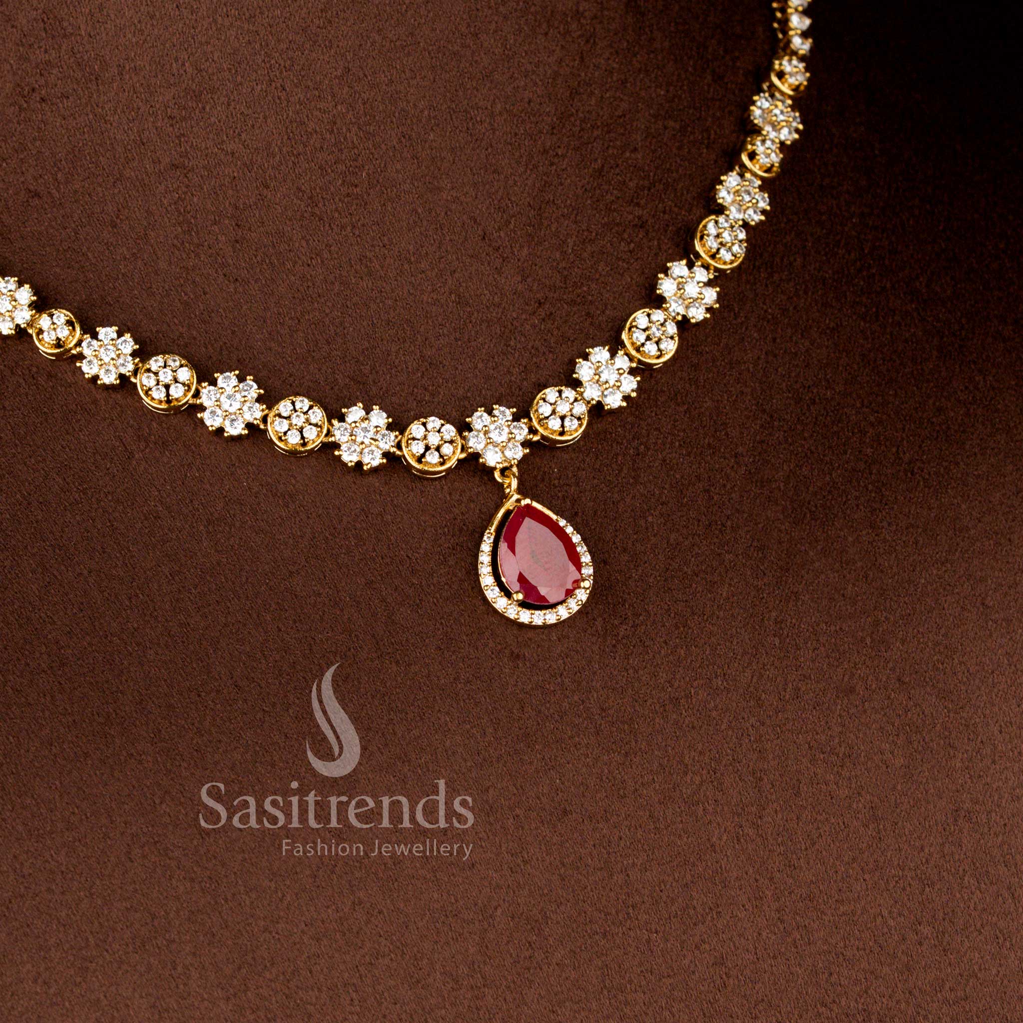 Stunning American Diamond Floral Teardrop Matte Gold Plated Necklace Set for Party Wear - Sasitrends - Image 2