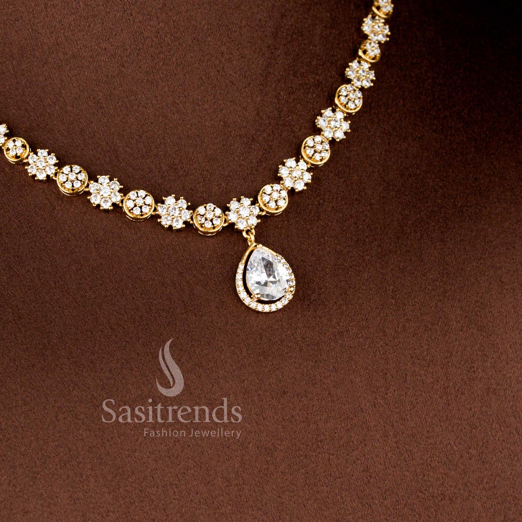 Stunning American Diamond Floral Teardrop Matte Gold Plated Necklace Set for Party Wear - Sasitrends - Image 4