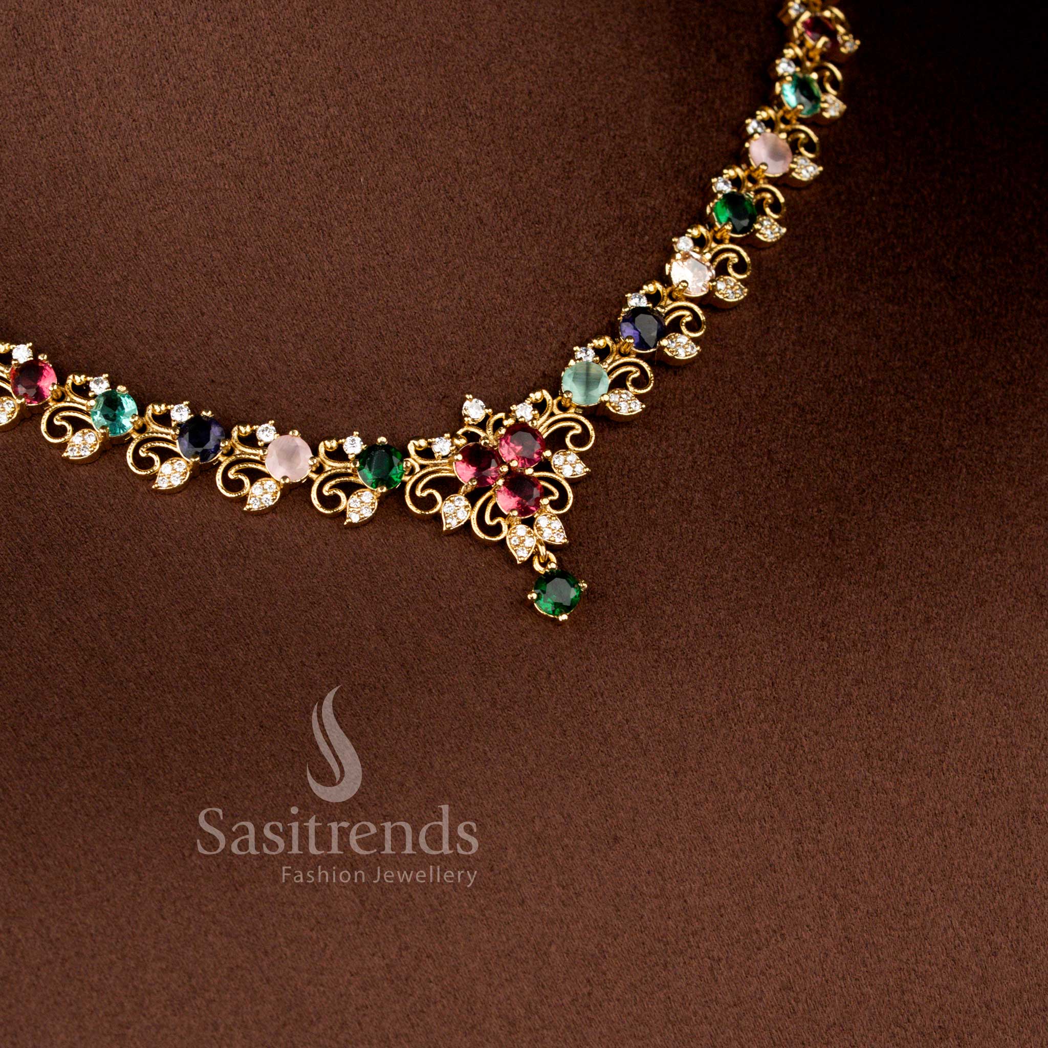 Beautiful Floral Filigree American Diamond Matte Gold Plated Necklace Set For Lehengas- Sasitrends - Image 2