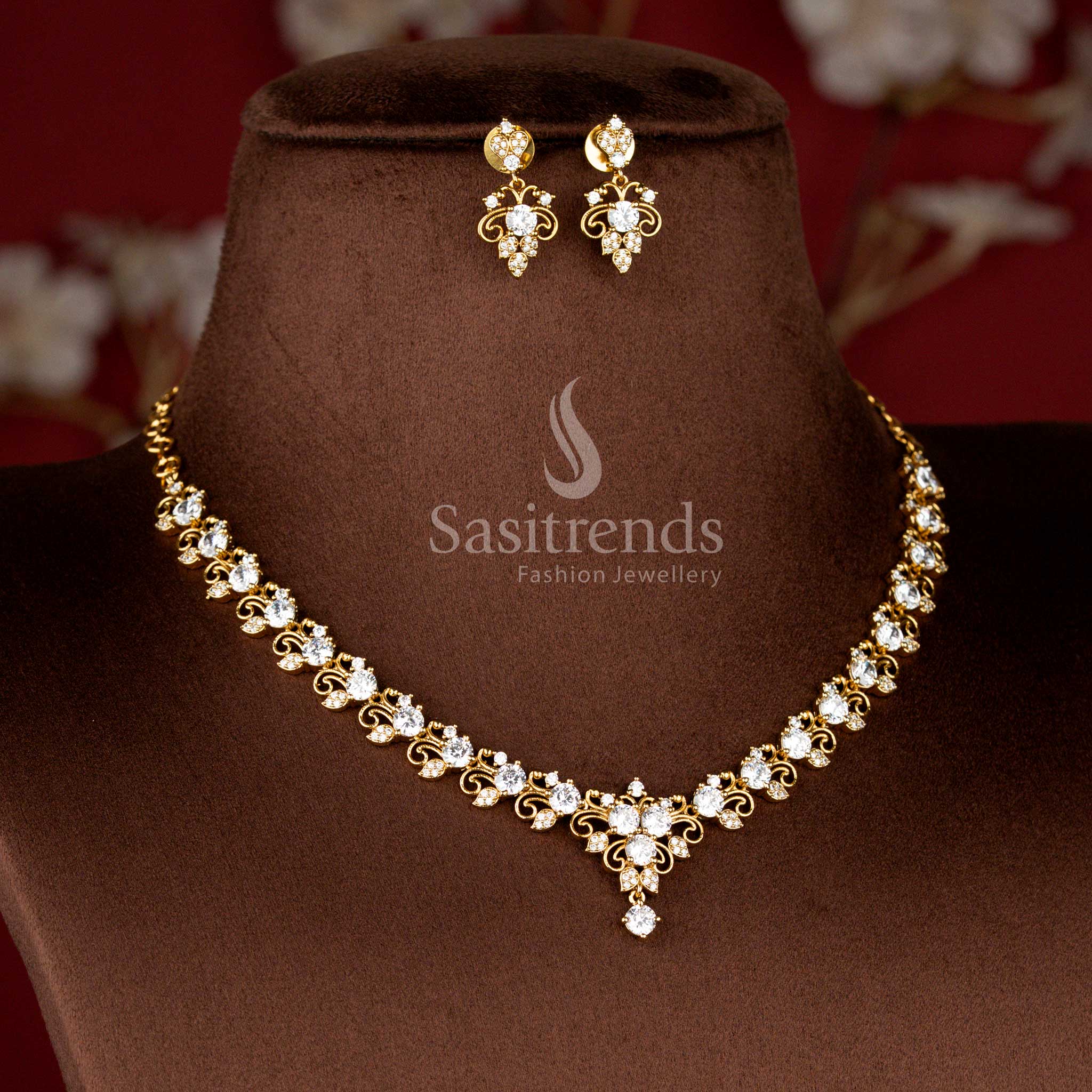 Beautiful Floral Filigree American Diamond Matte Gold Plated Necklace Set For Lehengas- Sasitrends - Image 3
