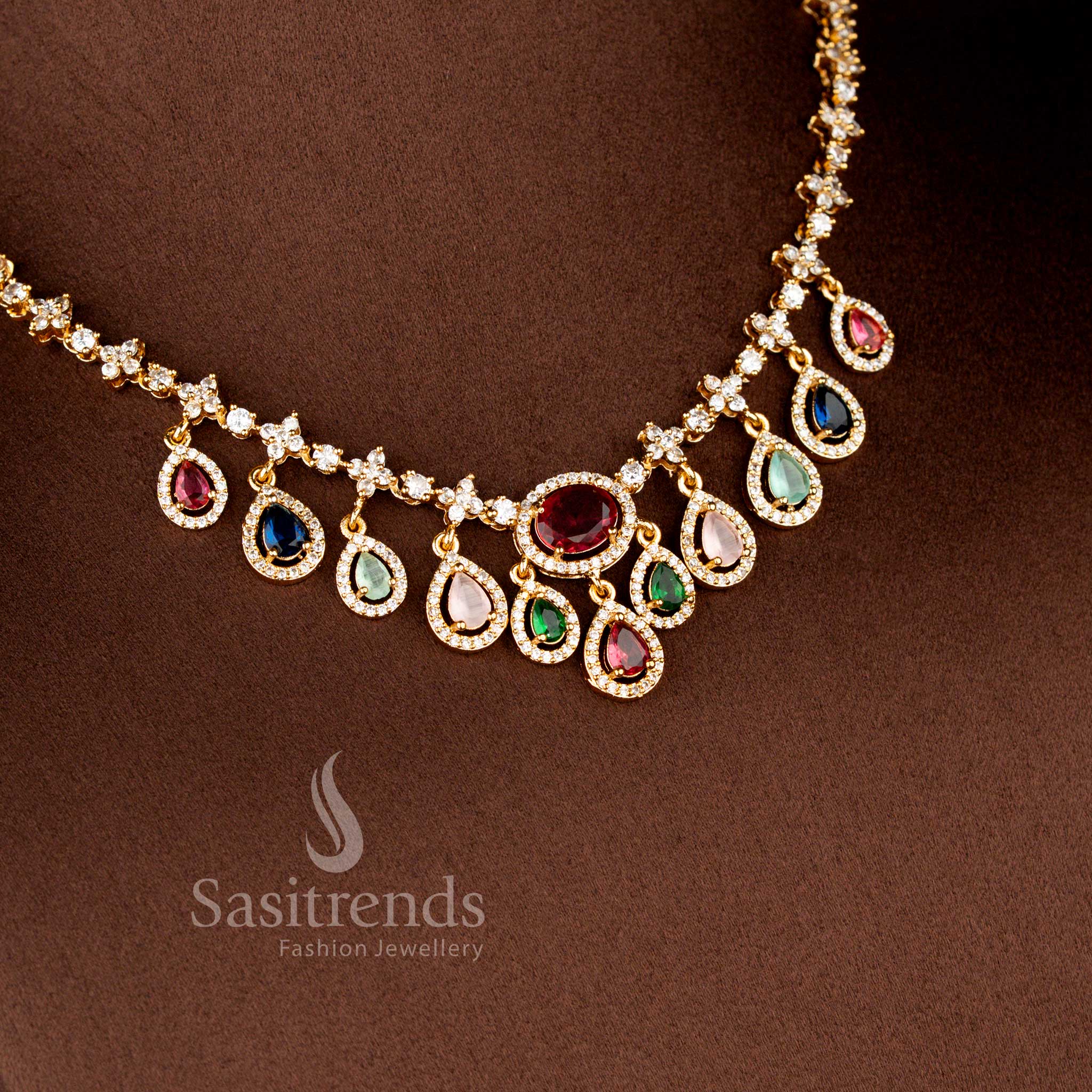 Trendy Navarathna Style Teardrop Dangle Matte Gold Plated American Diamond Necklace Set - Sasitrends - Image 2