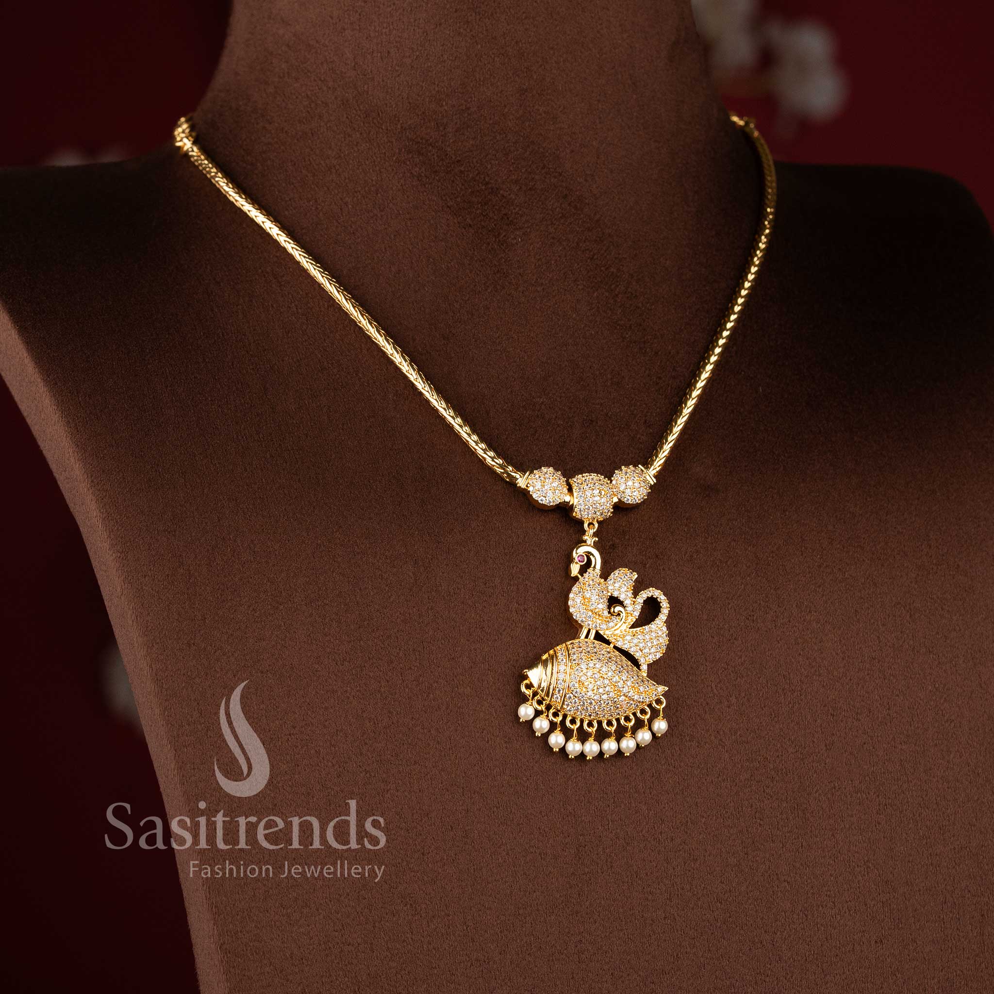 Sasitrends 24K One Gram Micro Gold Plated Peacock Motif AD Stone Pendant Necklace with Pearl Drop Design - Image 2