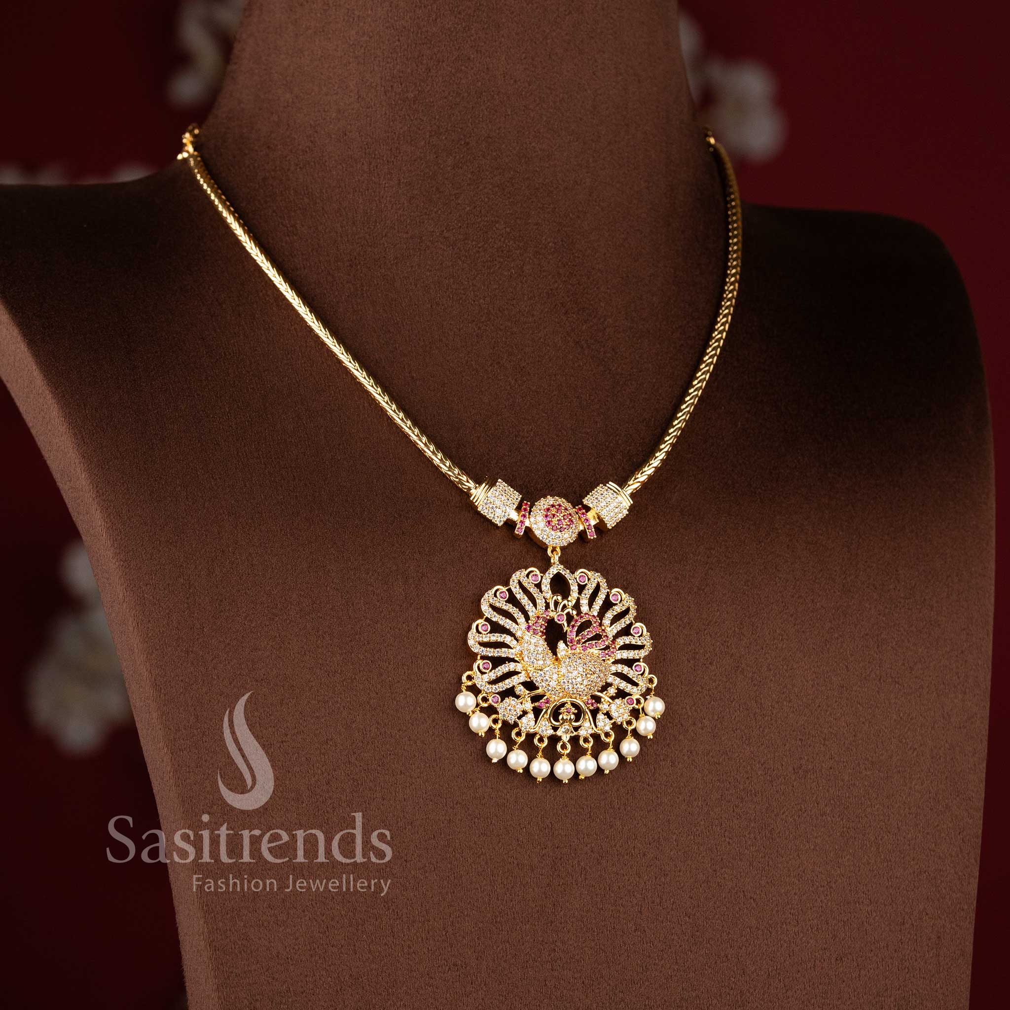 24K One Gram Micro Gold Plated Peacock Filigree AD Stone Pendant Necklace with Pearl Dangling Detailing - Sasitrends - Image 2