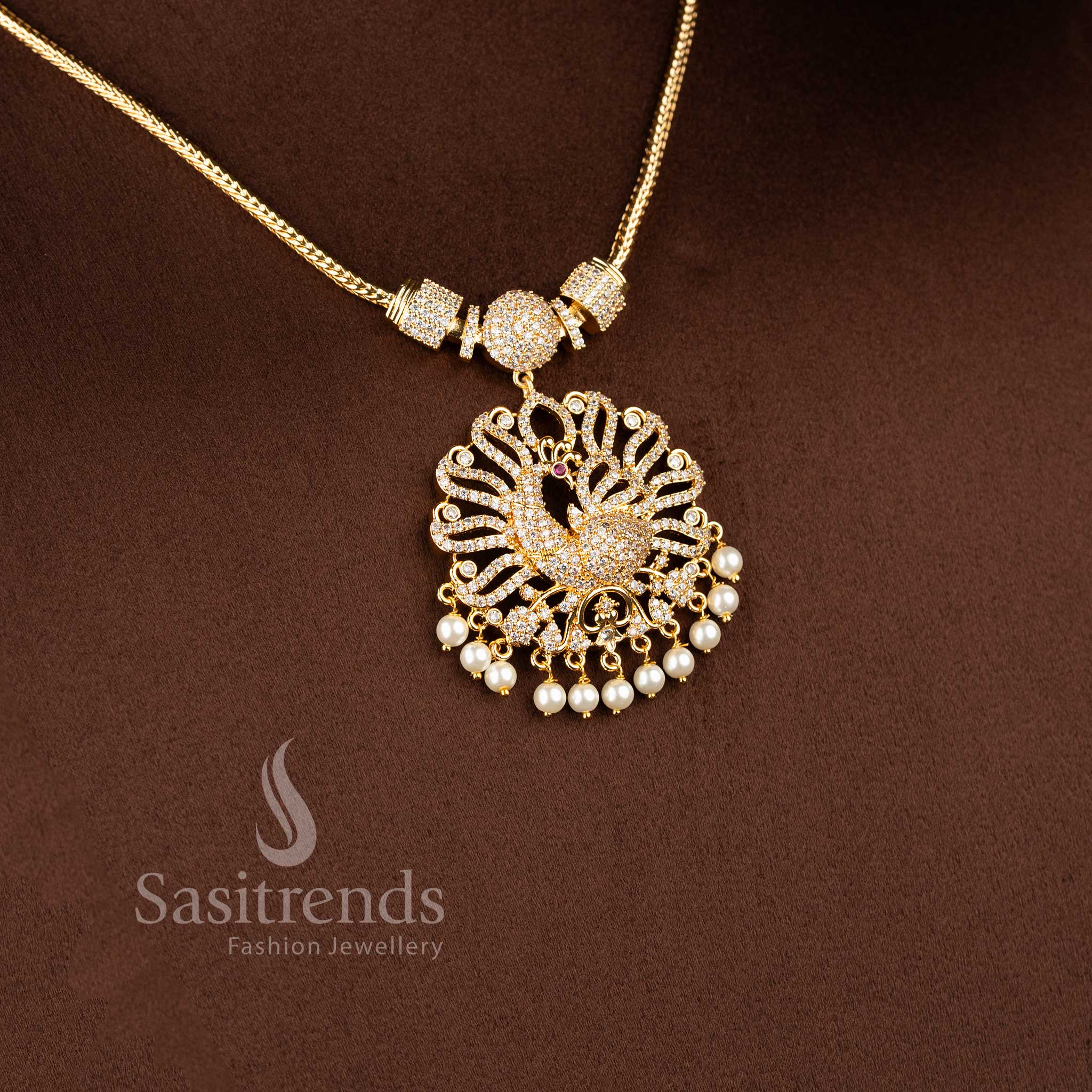 24K One Gram Micro Gold Plated Peacock Filigree AD Stone Pendant Necklace with Pearl Dangling Detailing - Sasitrends - Image 3