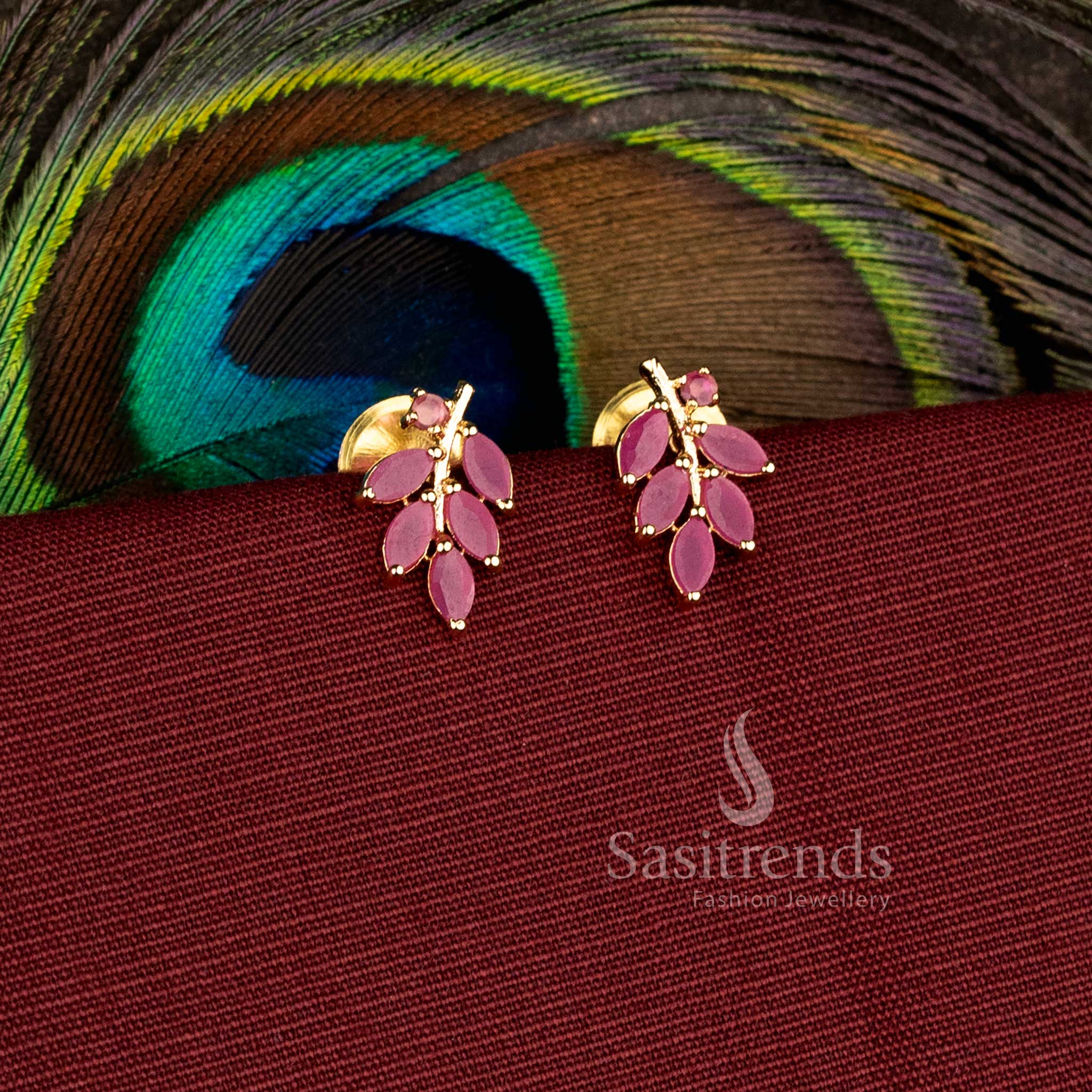 Stunning Nature Vine One Gram Micro Gold Plated Leaf Stone Stud Earrings for Special Occassions - Sasitrends - Image 6